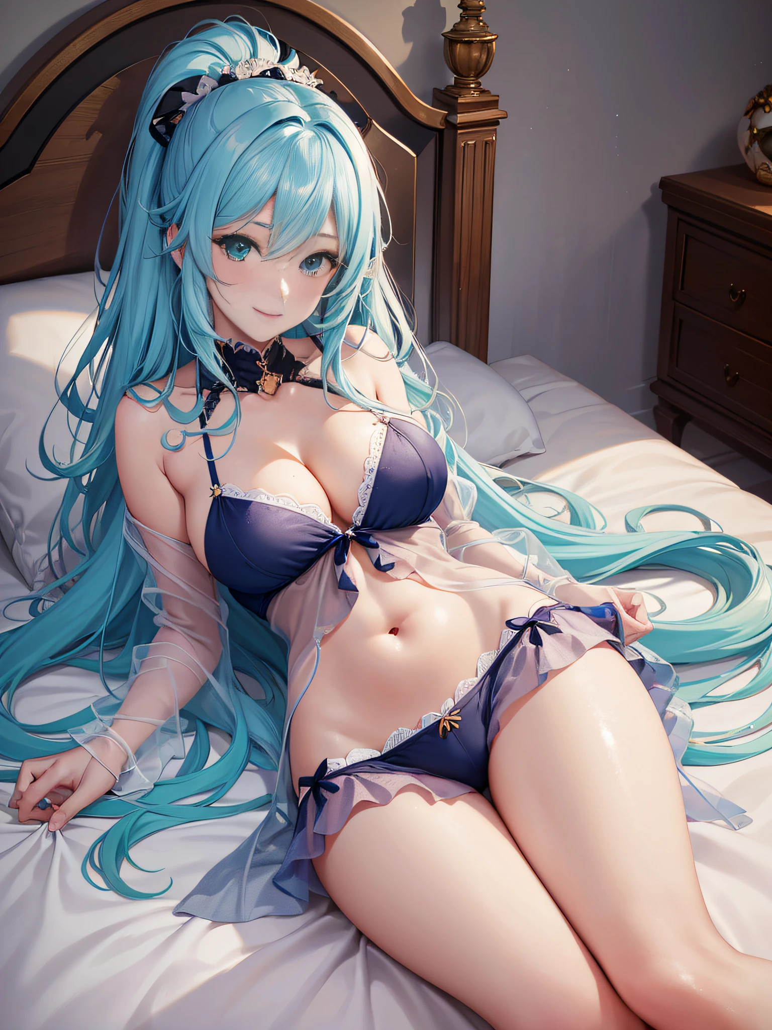 Masterpiece, Best quality, Official Art, (Highly detailed CG Unity 8k wallpaper), Detailed background, (Hands by Guido Daniele: 1.1), Feet out of frame, First person perspective, 1, Beautiful woman who is attractive and perfect, Lying on bed, lying on her back on the bed, ((Wake up: 1.14))), (Nightgown, underwear, White thighs: 1.12), (Long blue hair: 1.12) (Ahoge: 1.13), (High ponytail: 1.12), (Green eyes: 1.13), Look at the viewer, big, (cleavage), beautiful face, (Blush: 1.11), (Smile: 1.11)