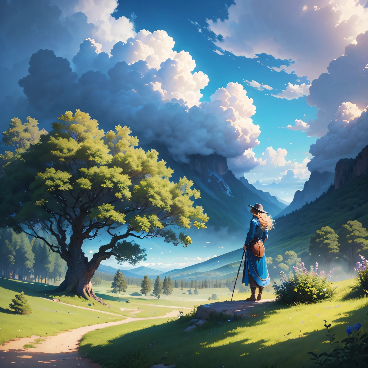 masterpiece, woman practicing trail in a story, fantastic landscape, trees, blue sky, colossal clouds, high definition, illustration, digital painting, vivid colors, panoramic view --auto --s2