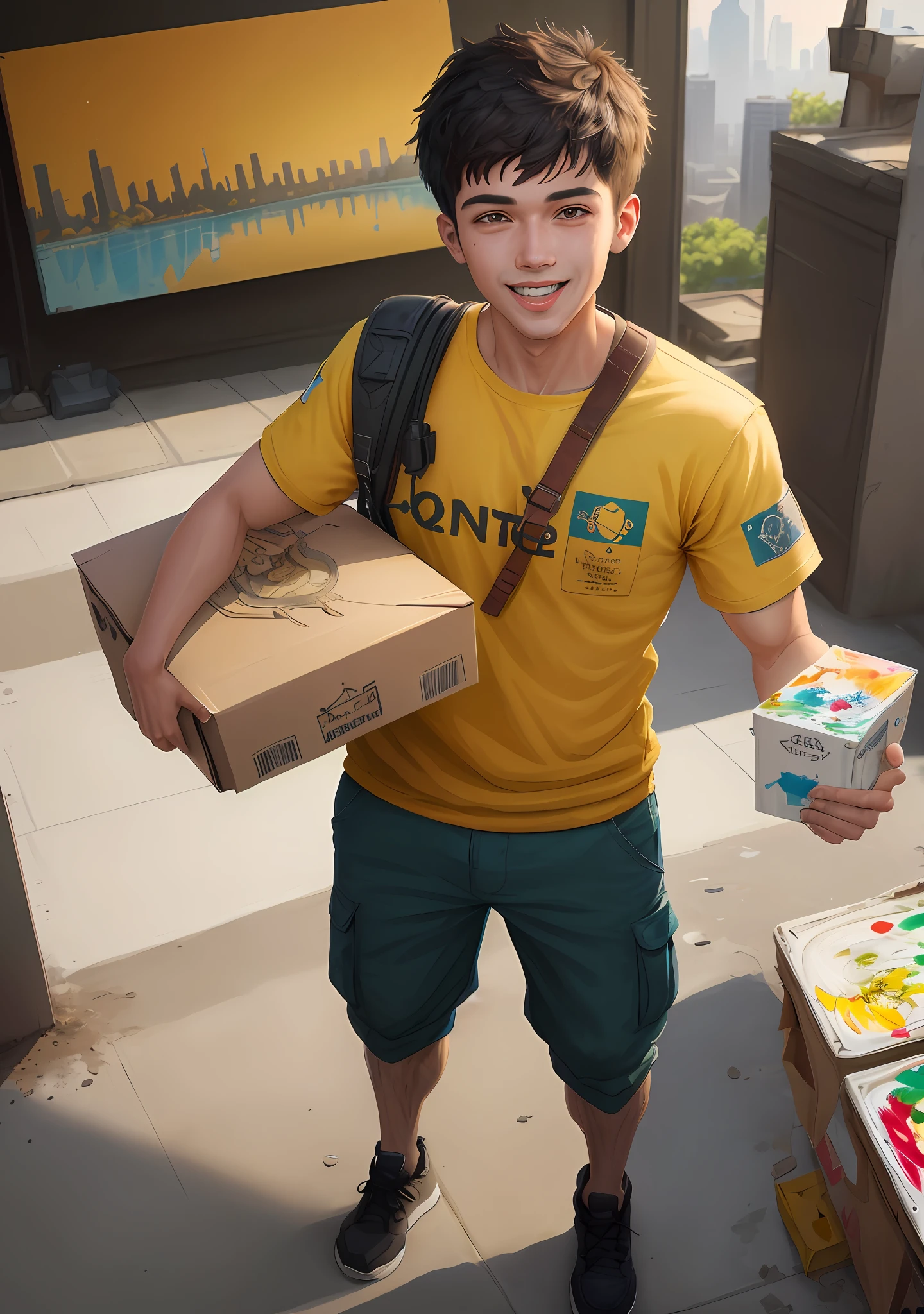 (best quality, high definition) A delivery person wearing a bright yellow cap, carrying delivery boxes, walking in a fast-paced metropolitan cityscape, delivering packages, surrounded by towering skyscrapers and sprawling industrial cityscapes.