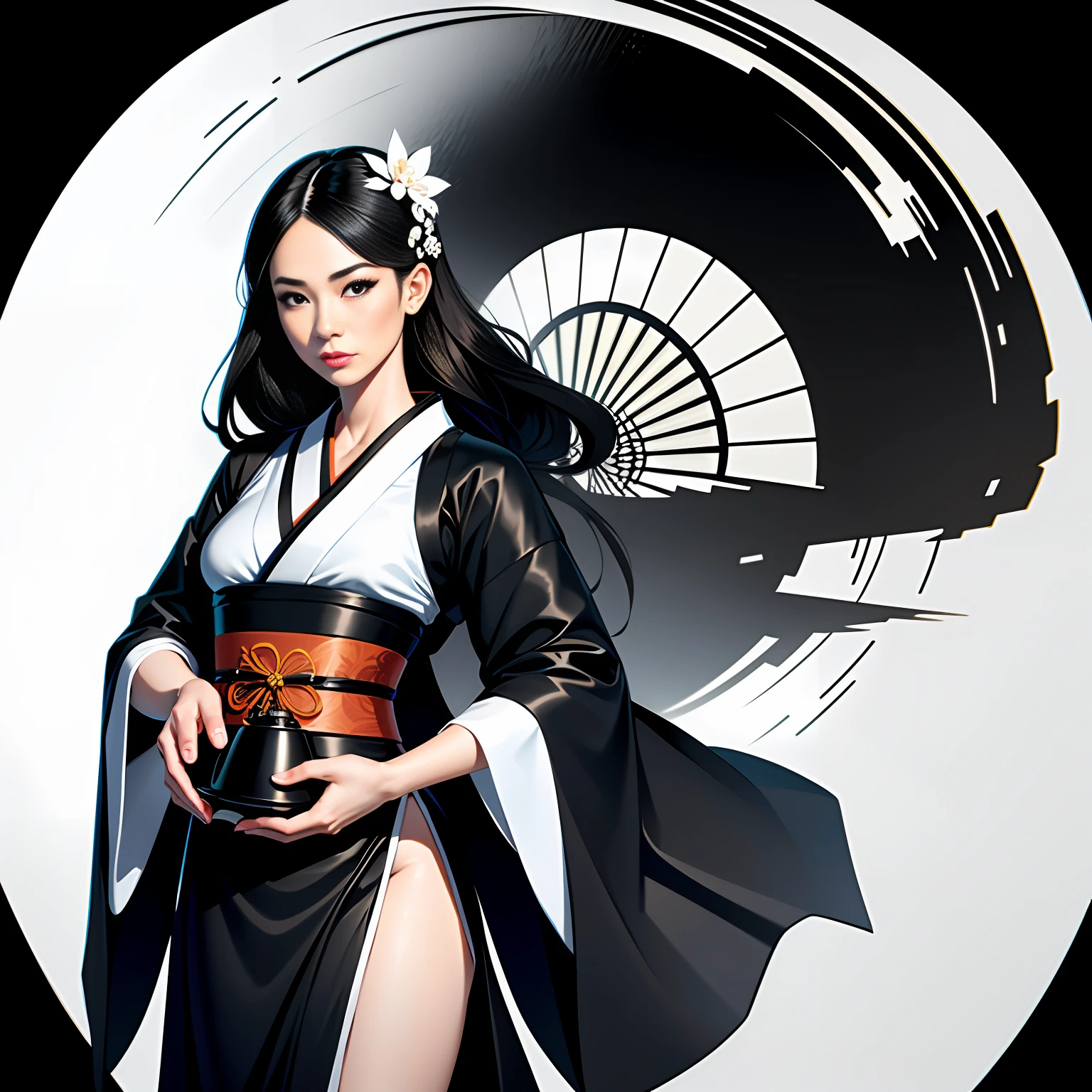 (1girl:1.3), ((black and white)), (hanfu, asian face, geisha), beautiful face, (beautiful kimono), ((zen)), extreme detailed background, curvy but slender, good composition, good anatomy, perfect lighting, perfect shading, zen calligraphy, stunning, gorgeous, (photorealistic:1.35), ((empty hands)), crosshatch:0.15, (SFW), ((art by adam hughes)), (masterpiece, award winning, best quality:1.3),