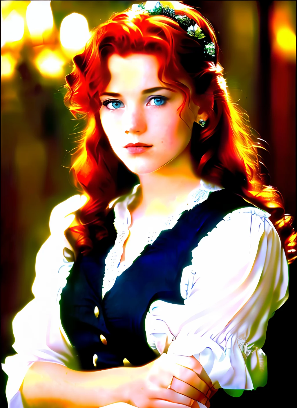 Make a character similar to rose from the movie titanic with red hair and blue eyes