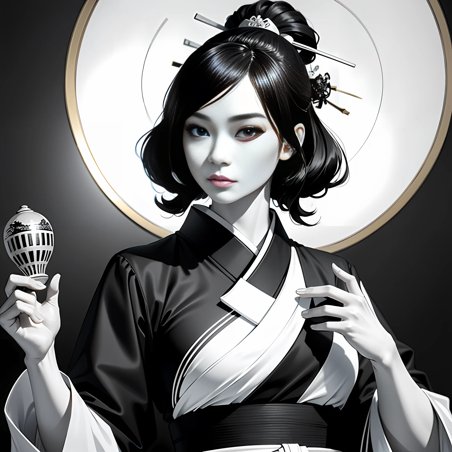 (1girl:1.3), ((black and white)), (hanfu, asian face, geisha), beautiful face, (beautiful kimono), ((zen)), extreme detailed background, curvy but slender, good composition, good anatomy, perfect lighting, perfect shading, zen calligraphy, stunning, gorgeous, (photorealistic:1.35), ((empty hands)), crosshatch:0.15, (SFW), ((art by adam hughes)), (masterpiece, award winning, best quality:1.3),