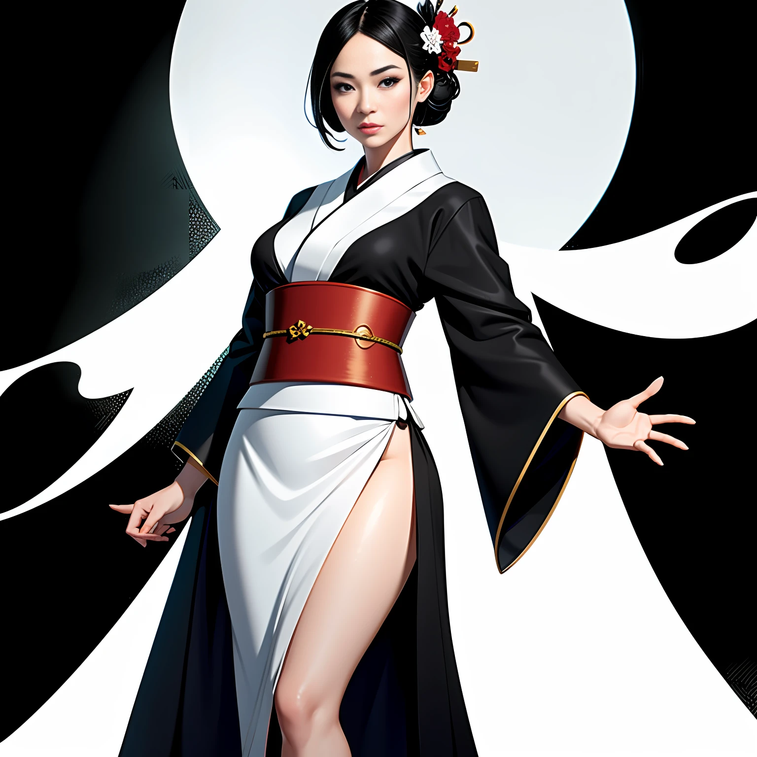 (1girl:1.3), ((black and white)), (hanfu, asian face, geisha), beautiful face, (beautiful kimono), ((zen)), extreme detailed background, curvy but slender, good composition, good anatomy, perfect lighting, perfect shading, zen calligraphy, stunning, gorgeous, (photorealistic:1.35), ((empty hands)), crosshatch:0.15, (SFW), ((art by adam hughes)), (masterpiece, award winning, best quality:1.3),