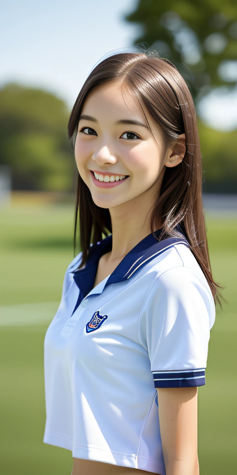 neat college girl, petite, (school uniform, summer clothes, short sleeves), outside the athletic field, (slim), photorealistic, detail, skin texture, ultra detail, delicate and sexy collarbone, smile, super detailed face, detailed lips, detailed eyes, breast emphasis