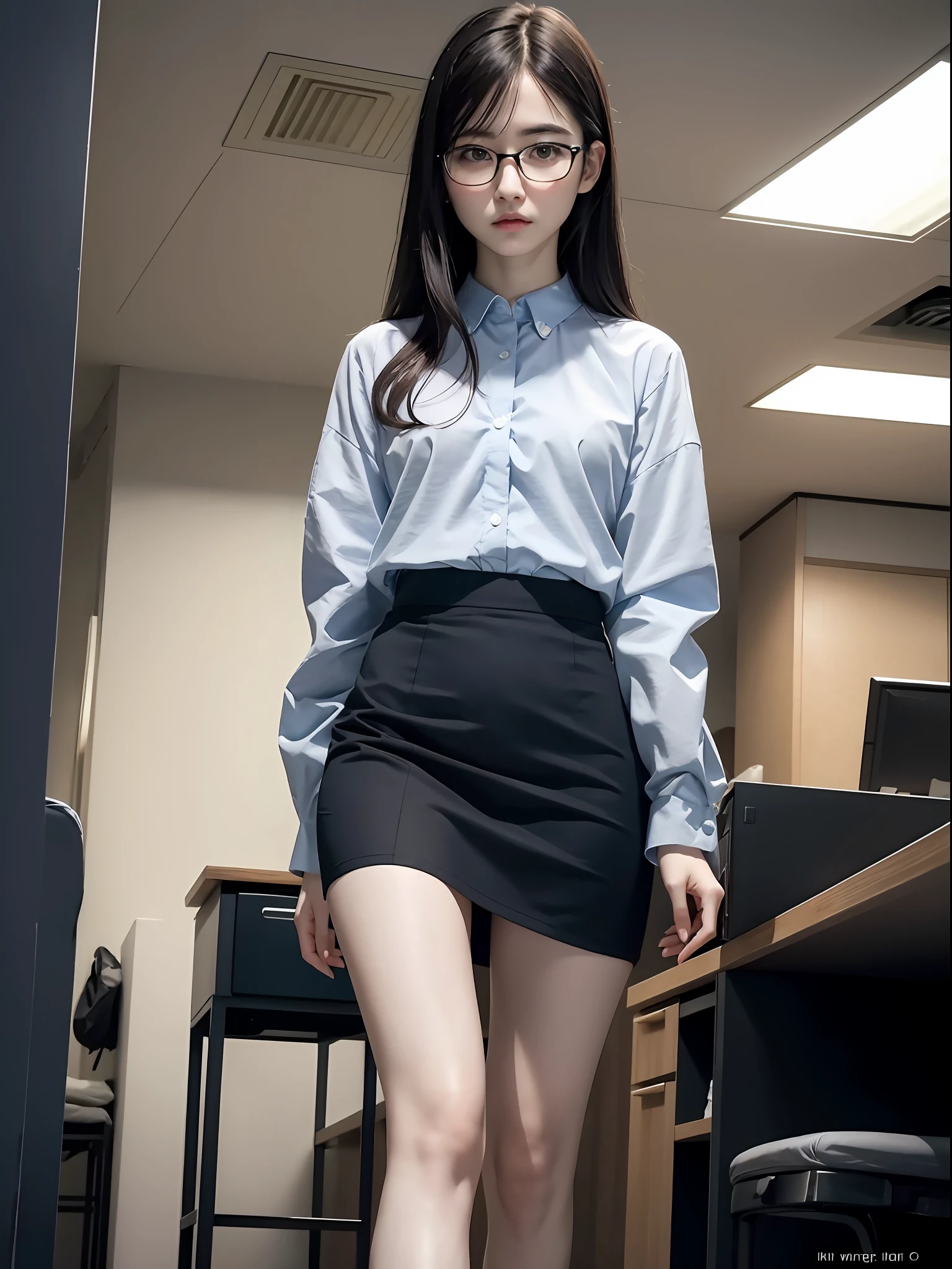 Raw photo, frank, textured skin,( 1 girl),full body, (medium hair:1.2), pale skin, Japan person, glasses, small, young, tall, dark look, bright black eyes, anger, office lady, blue panties visible through skirt, slender body, medium build, small waist, wide thighs, photorealistic, best quality, 8k, masterpiece