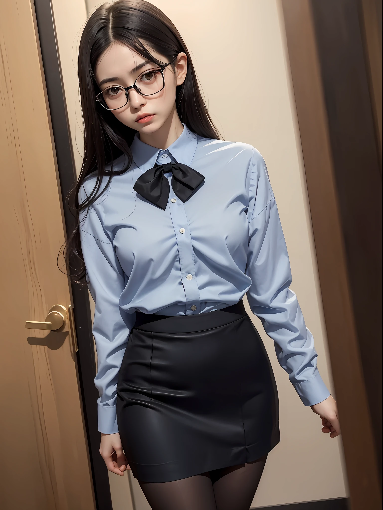 Raw photo, frank, textured skin,( 1 girl),full body, black pantyhose (medium hair:1.2), pale skin, Japan person, glasses, small, young, tall, dark look, bright black eyes, anger, office lady, blue panties visible from skirt, slender body, medium build, small waist, wide thighs, photorealistic, best quality, 8k, masterpiece