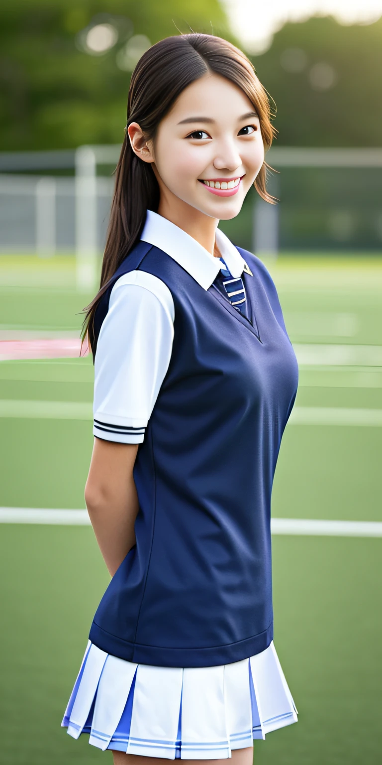 neat college girl, ite, (school uniform, summer clothes, short sleeves), outside the athletic field, (slim), photorealistic, detail, skin texture, ultra detail, delicate and sexy collarbone, smile, super detailed face, detailed lips, detailed eyes, breast emphasis