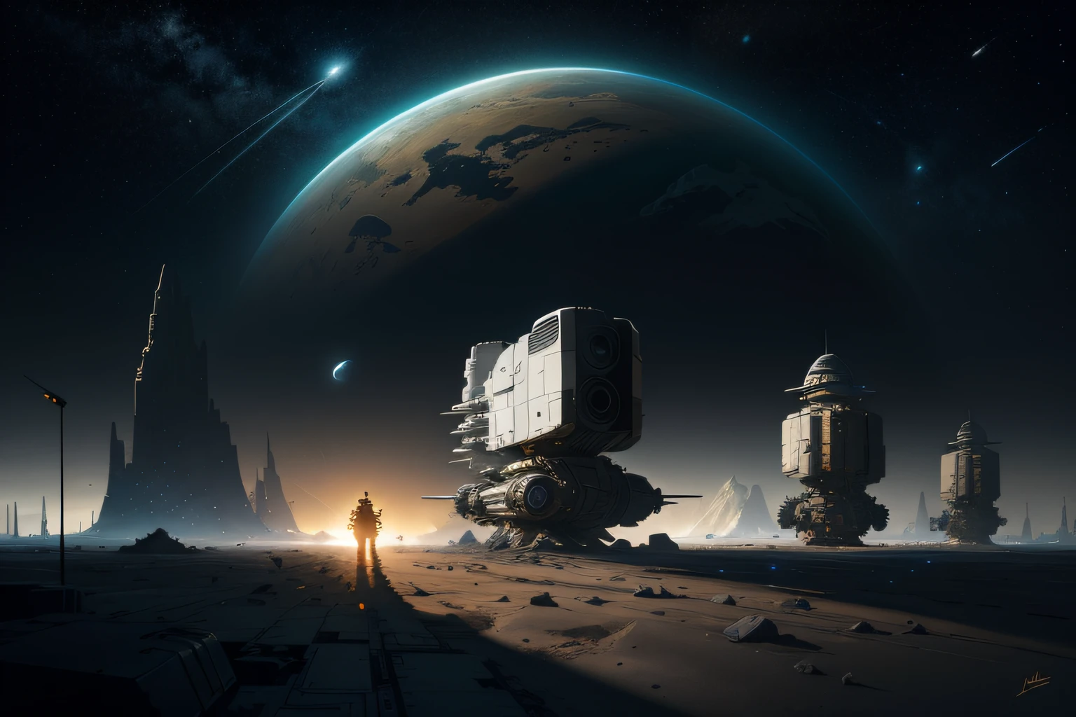 an ultrafine detailed painting of a spacecraft in the middle of the night, space art, landscape with analogous colors, barren planet, rocks, mountains, stars, white plastic panels, negative space, silhouette of spaceman, by John Berkey, by Chris Foss, by Stephan Martiniere, by Robert McCall, by Dan McPharlin, by Ian McQue, cgsociety, BREAK Hypermaximalist, Maximalism, Highres, High Quality, Highly Detailed, Ultra-Detailed