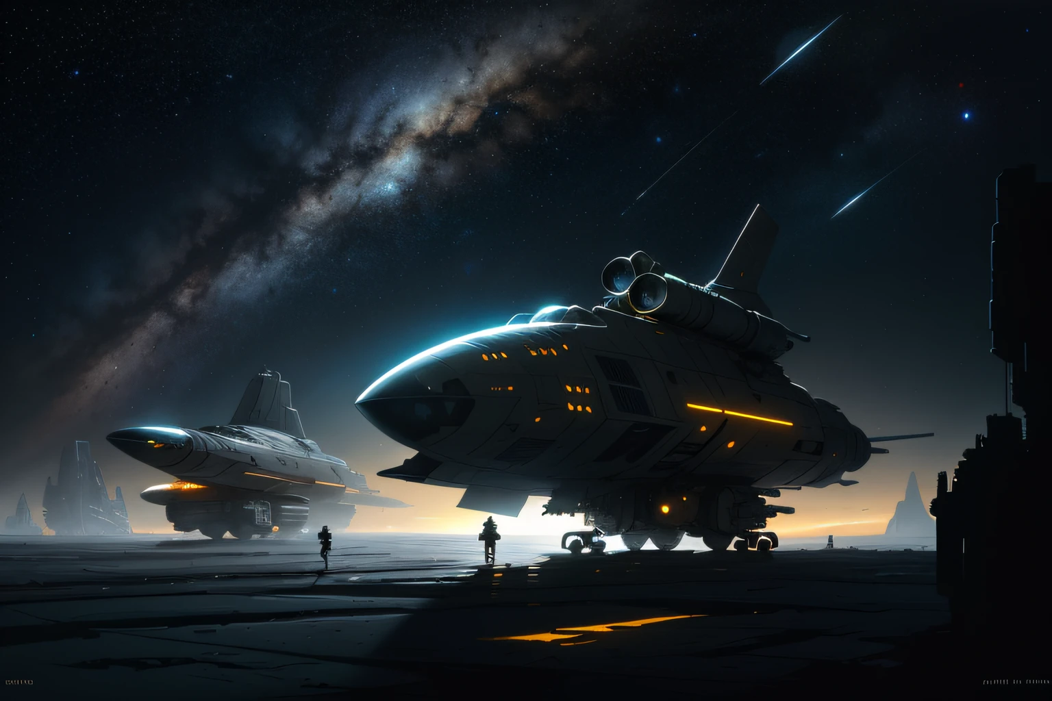 an ultrafine detailed painting of a spacecraft in the middle of the night, space art, landscape with analogous colors, barren planet, rocks, mountains, stars, white plastic panels, negative space, silhouette of spaceman, by John Berkey, by Chris Foss, by Stephan Martiniere, by Robert McCall, by Dan McPharlin, by Ian McQue, cgsociety, BREAK Hypermaximalist, Maximalism, Highres, High Quality, Highly Detailed, Ultra-Detailed