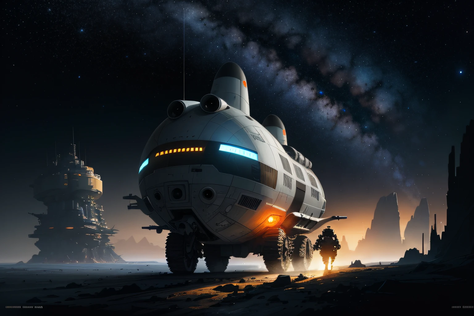 an ultrafine detailed painting of a spacecraft in the middle of the night, space art, landscape with analogous colors, barren planet, rocks, mountains, stars, white plastic panels, negative space, silhouette of spaceman, by John Berkey, by Chris Foss, by Stephan Martiniere, by Robert McCall, by Dan McPharlin, by Ian McQue, cgsociety, BREAK Hypermaximalist, Maximalism, Highres, High Quality, Highly Detailed, Ultra-Detailed