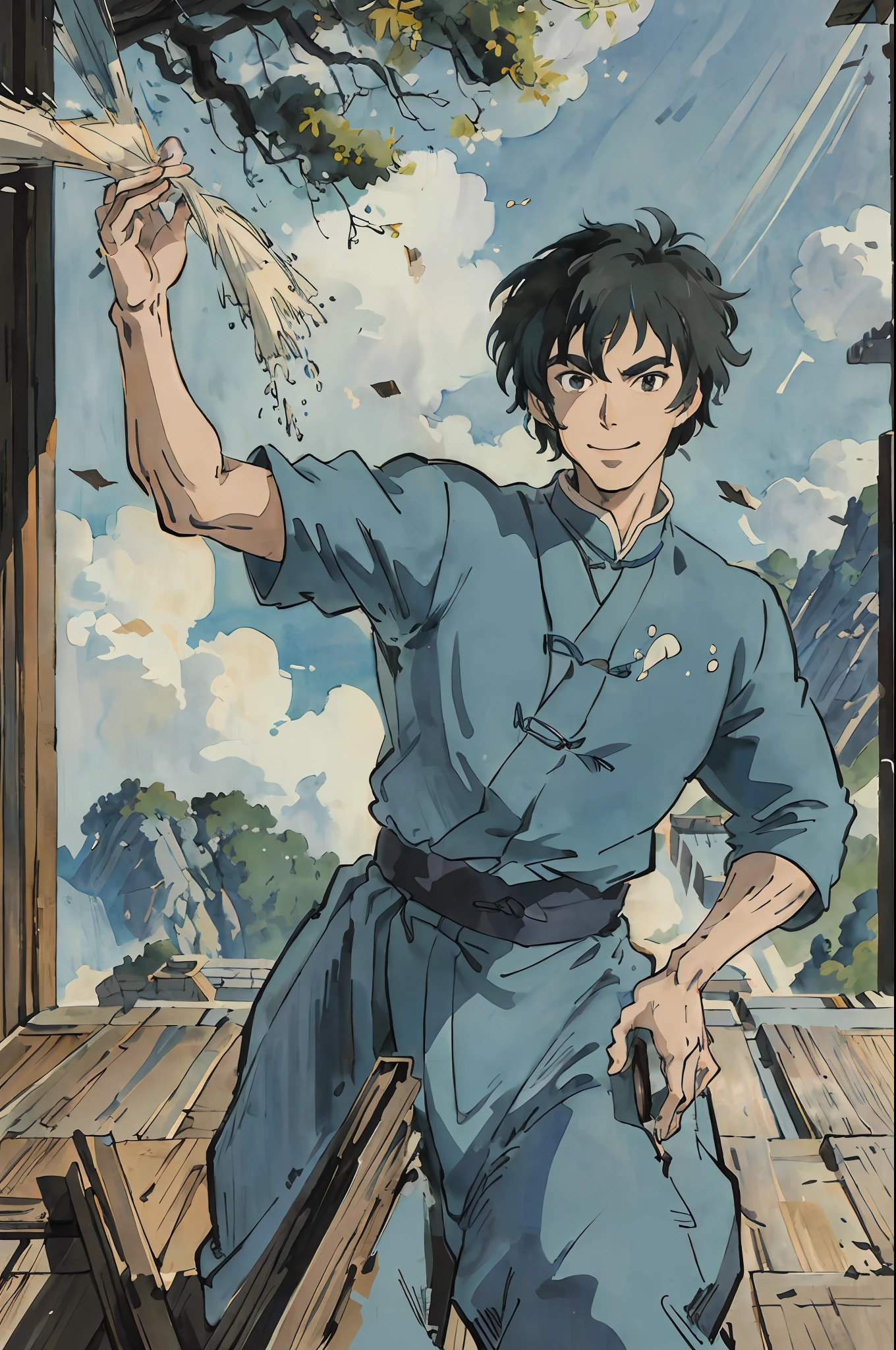 (8k, RAW photo, best quality, masterpiece:1.2), ultra detailed, official art, upper body shot, marvel Shang-Chi, film grain, action pose, ghibli style, ghibli art style, studio ghibli anime style, a character portrait inspired by Hayao Miyazaki, 1elegant male, (long black hair), (masterpiece)), smile