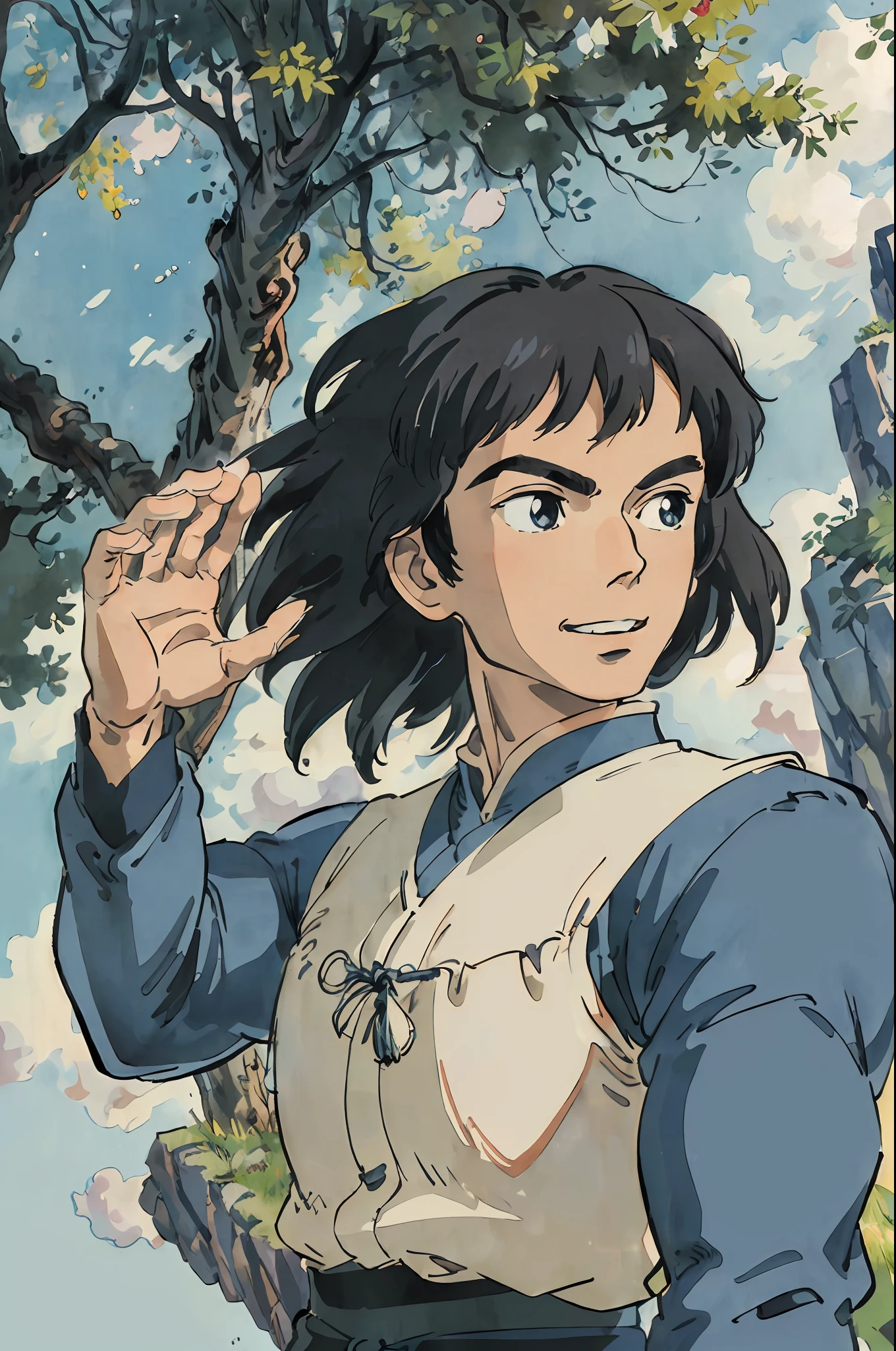 (8k, RAW photo, best quality, masterpiece:1.2), ultra detailed, official art, upper body shot, marvel Shang-Chi, film grain, action pose, ghibli style, ghibli art style, studio ghibli anime style, a character portrait inspired by Hayao Miyazaki, 1elegant male, (long black hair), (masterpiece)), smile