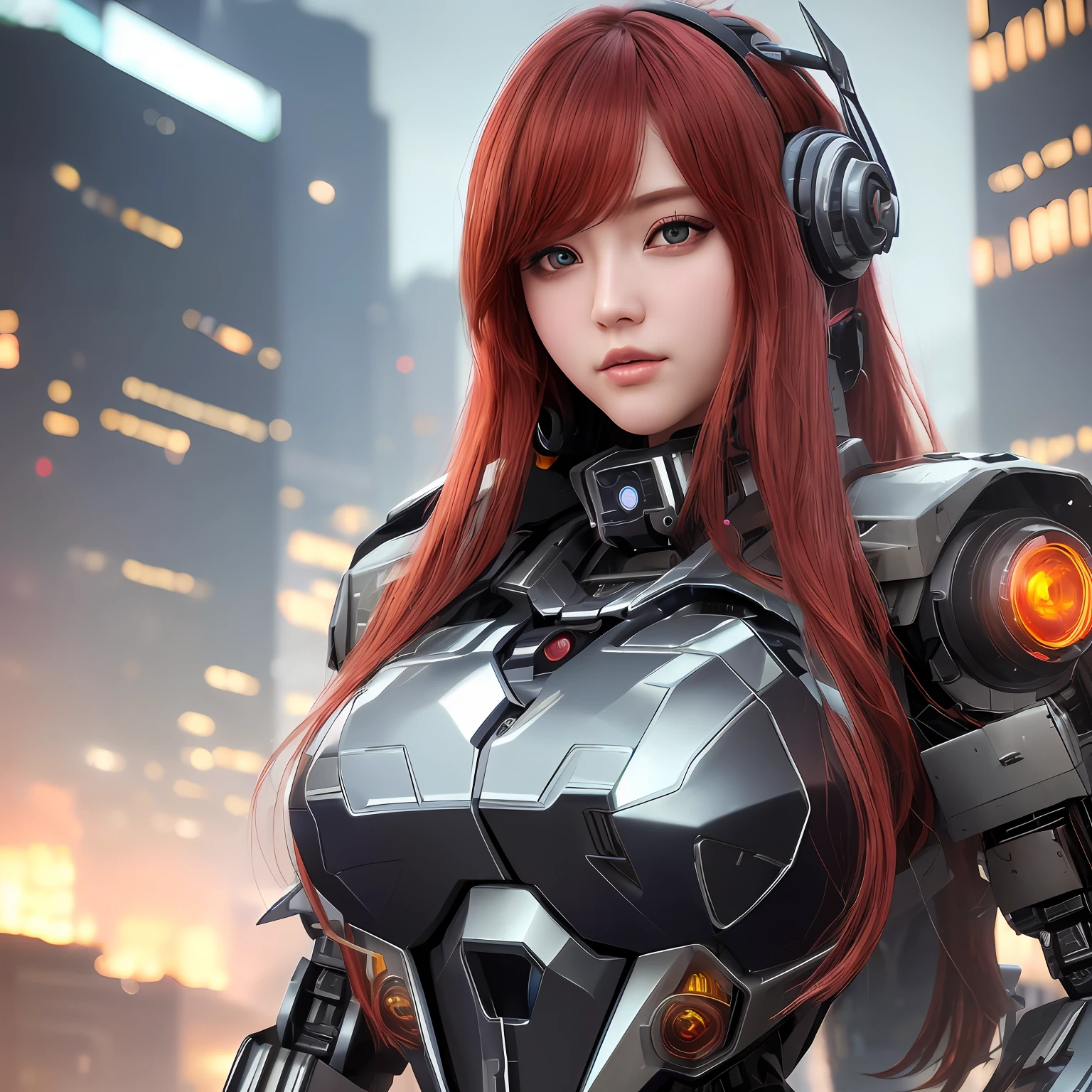 (8k, masterpiece, best quality), ultra-detailed, detailed beautiful round eyes, beautifully detailed face, high quality, high resolution, mecha girl, massive breast, mecha, ruins of city, perfect face, perfect skin, nighttime, sexy body, red hair, hands on, (long hair:1), female mecha, cyberpunk, (seductive)