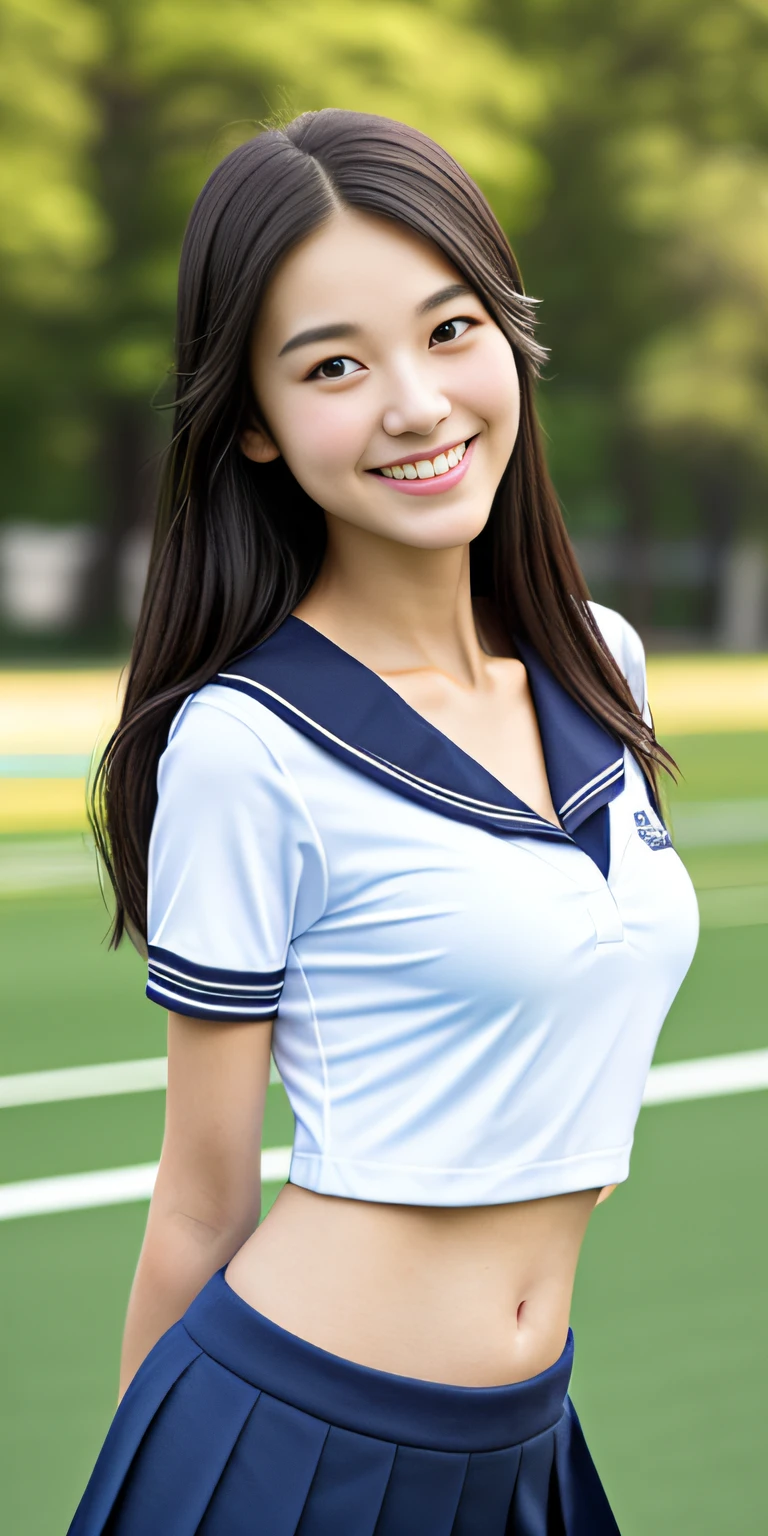 neat college girl, petite, (school uniform, summer clothes, short sleeves), outside the athletic field, (slim), photorealistic, detail, skin texture, ultra detail, delicate and sexy collarbone, smile, super detailed face, detailed lips, detailed eyes, breast emphasis