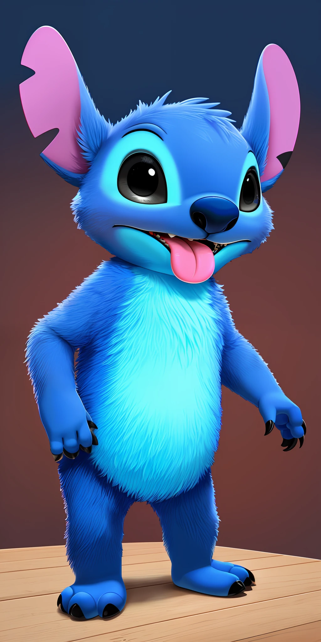 ((cute sticker))claws, 4 fingers, tongue,  pixar, stitchdisney, cute, blushing, teeth, solo, (alien:1.3),high res, (detailed realistic image:1.4), (detailed eyes), black eyes, head markings, impasto impressionism, insane details, soft, (hyper realistic fur:1.3), (detailed fur:1.2), (fur covered body:1.2), (male:1), (canine features:0.5), masterpiece, 8k uhd, cinematic lighting, (full-length portrait:1.3), (slightly chubby:0.8), blue fur, markings