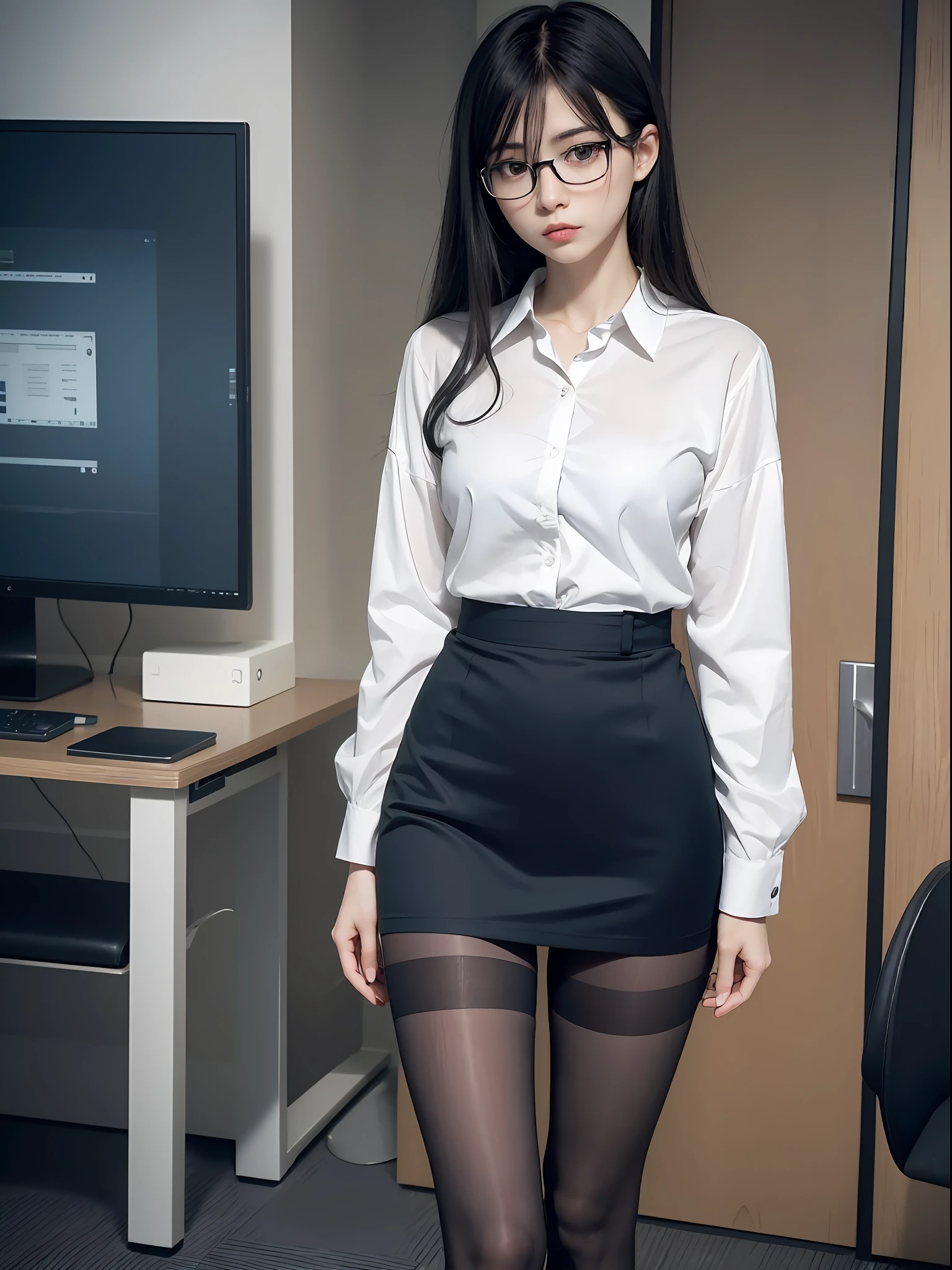 Raw photo, frank, textured skin,( 1 girl),full body, black pantyhose (medium hair:1.2), pale skin, Japan person, glasses, small, young, tall, dark look, bright black eyes, anger, office lady, blue panties visible from skirt, slender body, medium build, small waist, wide thighs, photorealistic, best quality, 8k, masterpiece