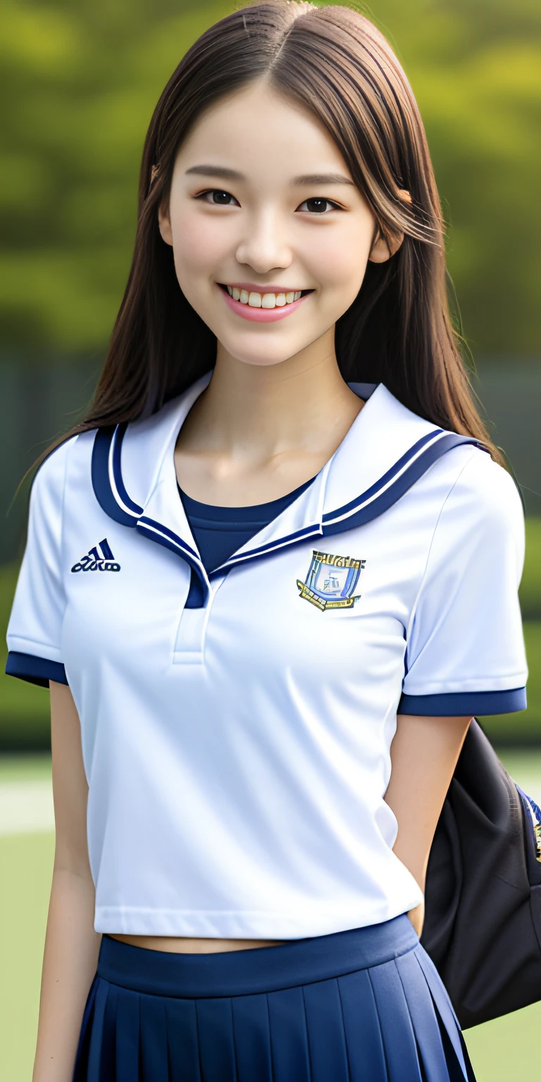 neat college girl, petite, (school uniform, summer clothes, short sleeves), outside the athletic field, (slim), photorealistic, detail, skin texture, ultra detail, delicate and sexy collarbone, smile, super detailed face, detailed lips, detailed eyes, breast emphasis