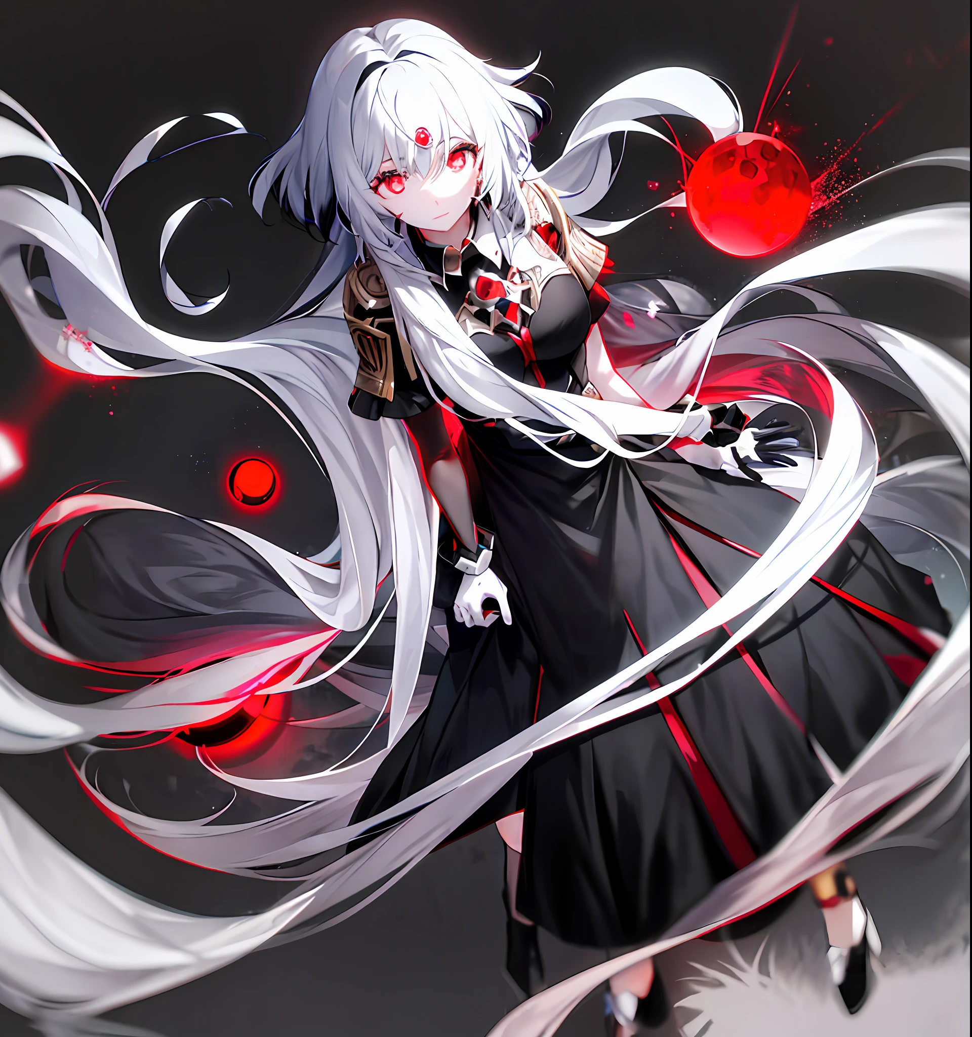 Only 1 female, black and white long hair flowing, right blue eyes left red eyes, dark orb in middle body