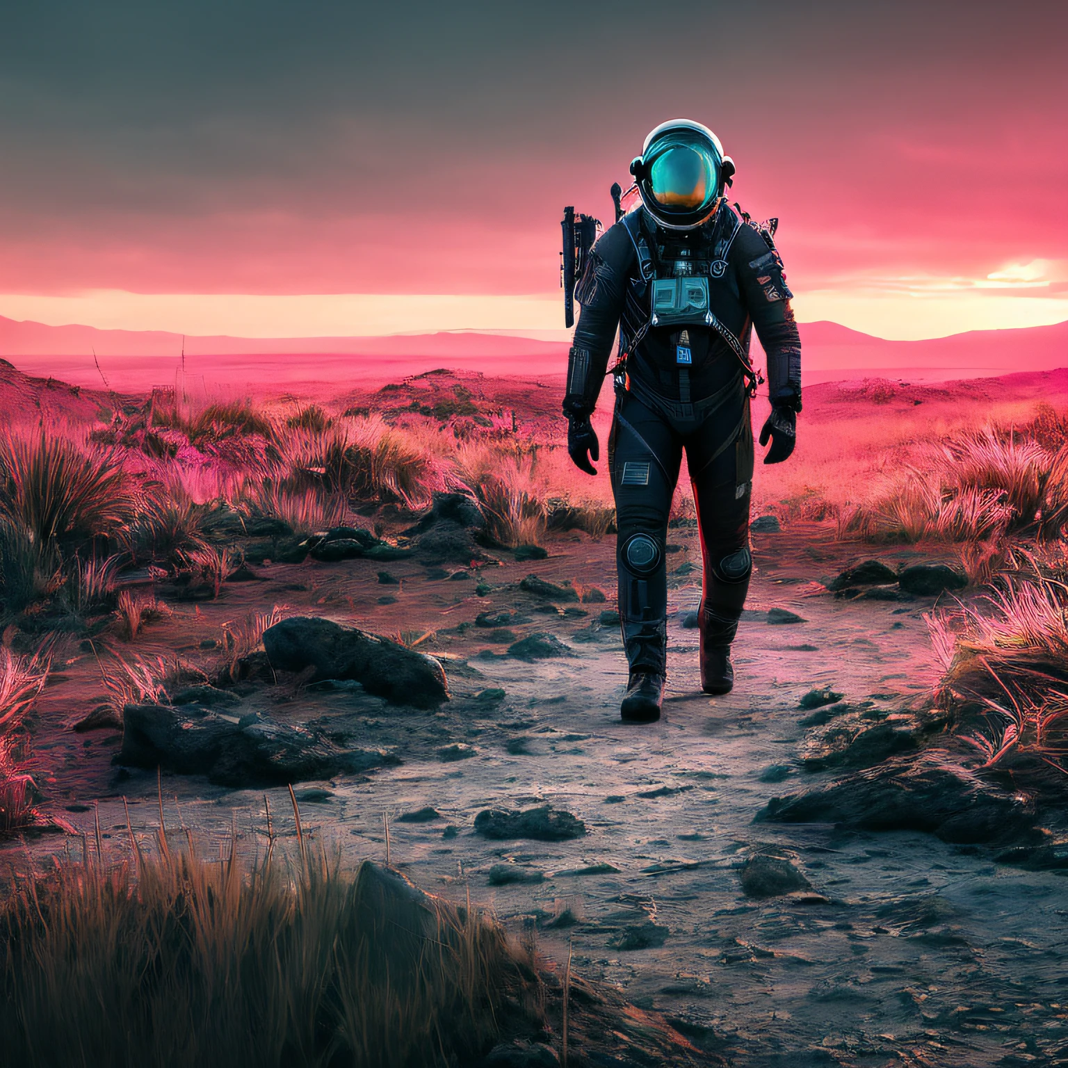 a photo of death stranding scenery, scifi style,anatomically correct human male figure in astronaut suit in field,helmet glowing pink, dynamic lighting, atmosphere lighting, hyper detail features, ray tracing, high flare, 3D, cinematic lighting, dark shadows, unrealistic Engine 5 rendering, hyper detail,trending on artstation, 4k,extremely high details, ultra hd, hdr, 8k, extremely high details
