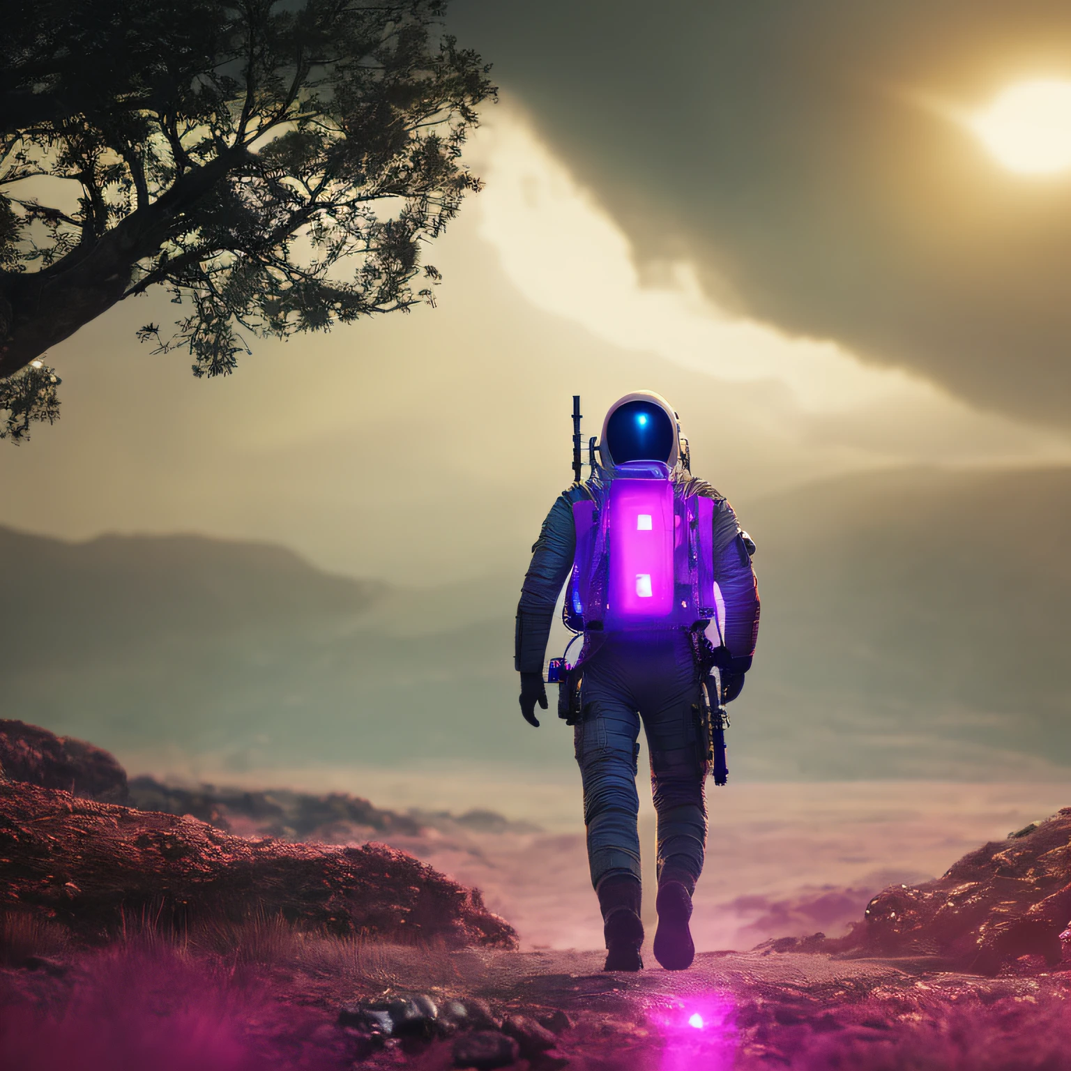 a photo of death stranding scenery, scifi style,anatomically correct human male figure in astronaut suit in field,helmet glowing pink, dynamic lighting, atmosphere lighting, hyper detail features, ray tracing, high flare, 3D, cinematic lighting, dark shadows, unrealistic Engine 5 rendering, hyper detail,trending on artstation, 4k,extremely high details, ultra hd, hdr, 8k, extremely high details