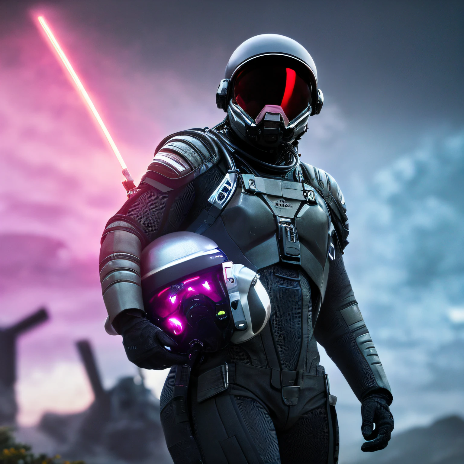 a photo of death stranding scenery, scifi style,anatomically correct human male figure in astronaut suit in field,helmet glowing pink, dynamic lighting, atmosphere lighting, hyper detail features, ray tracing, high flare, 3D, cinematic lighting, dark shadows, unrealistic Engine 5 rendering, hyper detail,trending on artstation, 4k,extremely high details, ultra hd, hdr, 8k, extremely high details