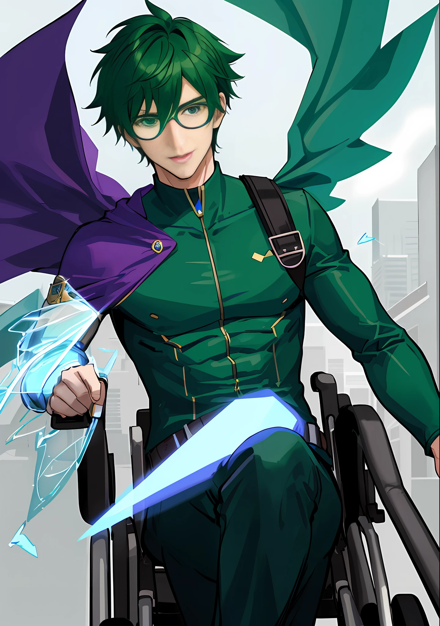 Superhero in a handicapped wheelchair flying around town with his cape fluttering behind him. He has a determined expression on his face as he flies towards danger, ready to save the day. His wheelchair is adorned with high-tech gadgets and tools, making it a weapon as big as his superpowers. (HD) (4K) (RTX) (Nerd Clothes) (Zoom face) (Suit with different shades of green and also purple) (circular glasses) (Slender physical build) (Straight hair) (Short hair) (dark green hair).