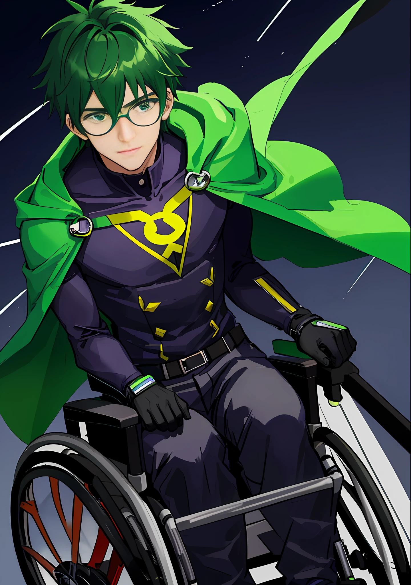 Superhero in a handicapped wheelchair flying around town with his cape fluttering behind him. He has a determined expression on his face as he flies towards danger, ready to save the day. His wheelchair is adorned with high-tech gadgets and tools, making it a weapon as big as his superpowers. (HD) (4K) (RTX) (Nerd Clothes) (Zoom face) (Suit with different shades of green and also purple) (circular glasses) (Slender physical build) (Straight hair) (Short hair) (dark green hair).