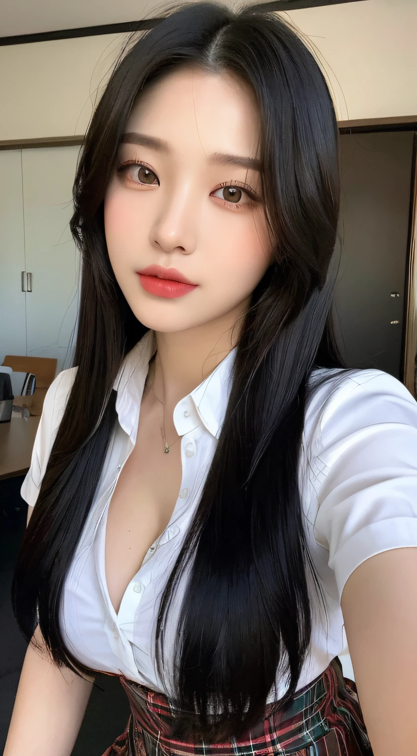 (Best quality, 8K, masterpiece:1.3)) , (One: 1.4), 1girl, A Korean woman, A goddess, 25 years old, costume photography, Downward view, Portrait photography, Canon SLR camera, focus aperture F.2, focal length 85mm, ( Upper body: 1.2), (face close-up), (leg close-up), pose photo, cleavage, (collared silk shirt), (plaid skirt: 1.2), dress color random, long black hair, double eyelids, black eyes, details, long eyelashes, snow white skin, fine skin texture, (face close-up), Bozi style cut, suit skirt, business wear, business skirt, business skirt, detailed skin details, detailed fabric texture