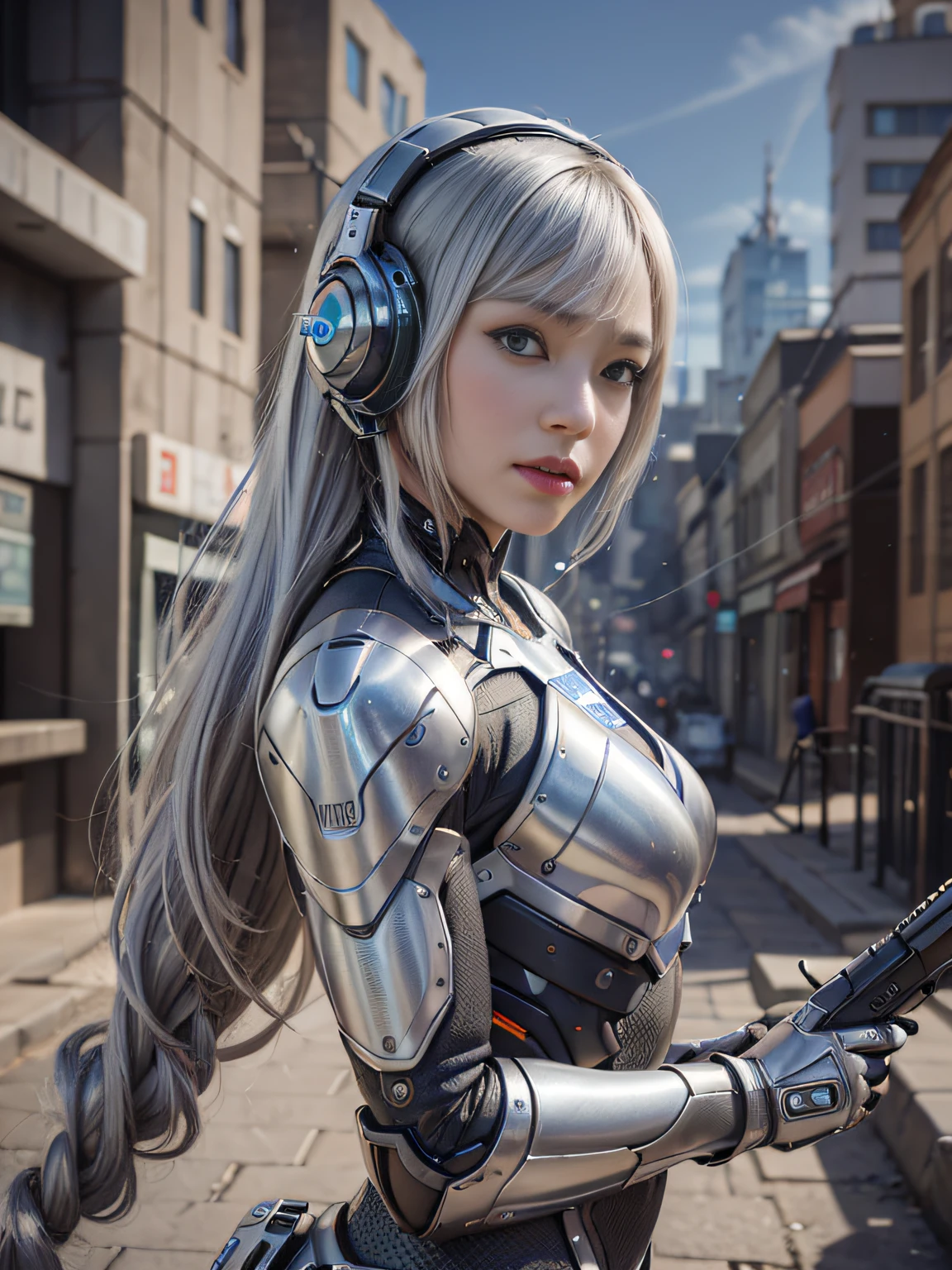 Girl in futuristic suit holding weapon, in front of the city of gunsmoke, the street of gunsmoke, the battlefield, real woman, real face, cute girl, perfect cyborg girl wearing sci-fi headphones, beautiful woman , beautiful girl cyborg, silver hair, manipulator, CG, 4K,
