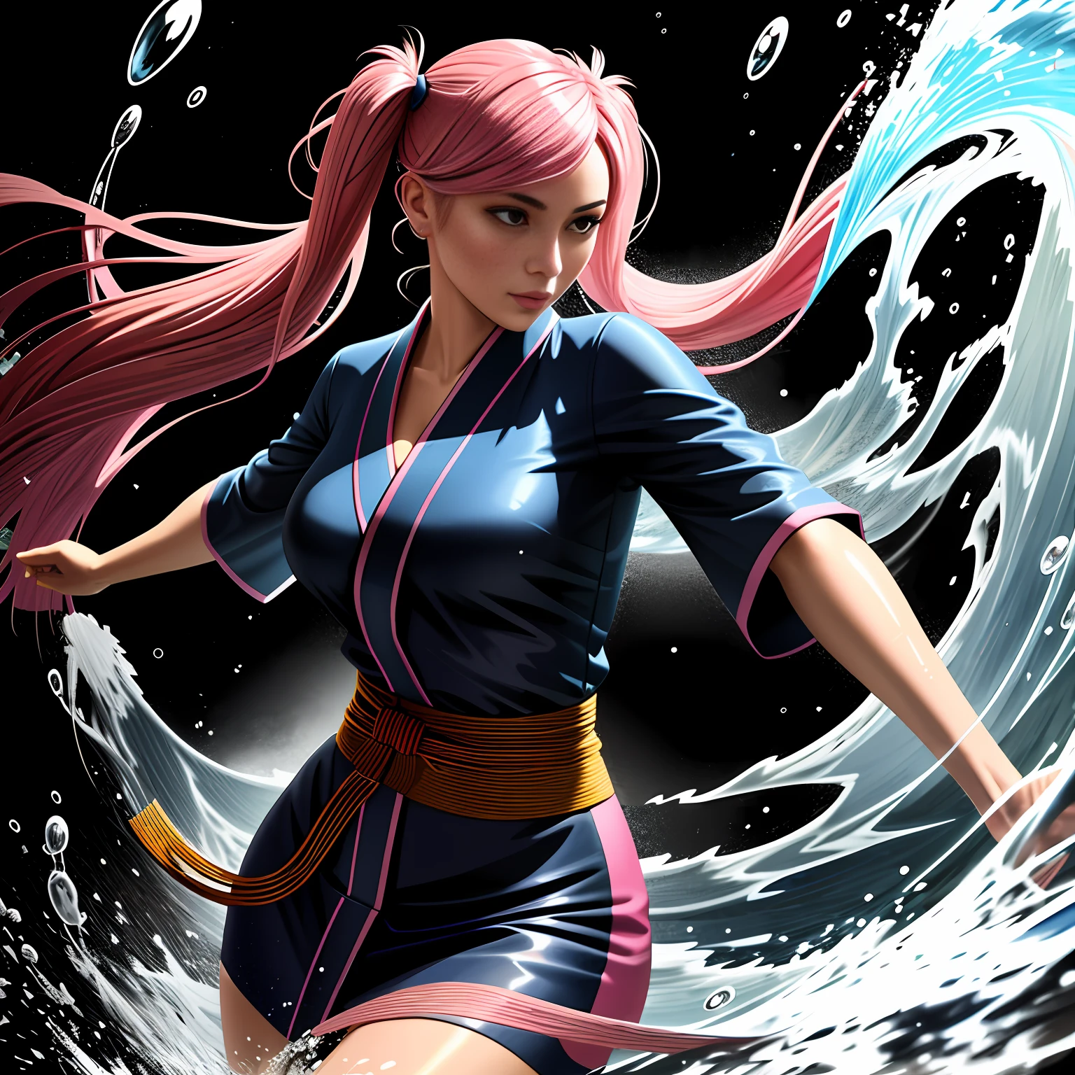 (comic poster), (colored line art:1.5), epic realistic, (close up), 1girl, floating pink_hair, twintails hair, (swirling water:1.2), waterdrops, wet, holding_katana, beautiful blue kimono, detailed fabric texture, curvy but slender, tanned skin, ultra detailed, action pose, cinematic lighting, volumetric light, subsurface scattering, water dancer, (detailed clothing, detailed clothing texture), black_background, surrealist:0.33, mature adult:1.6, (stunning, beautiful, gorgeous, award winning, masterpiece), tai chi, kata, (photorealistic:1.35),