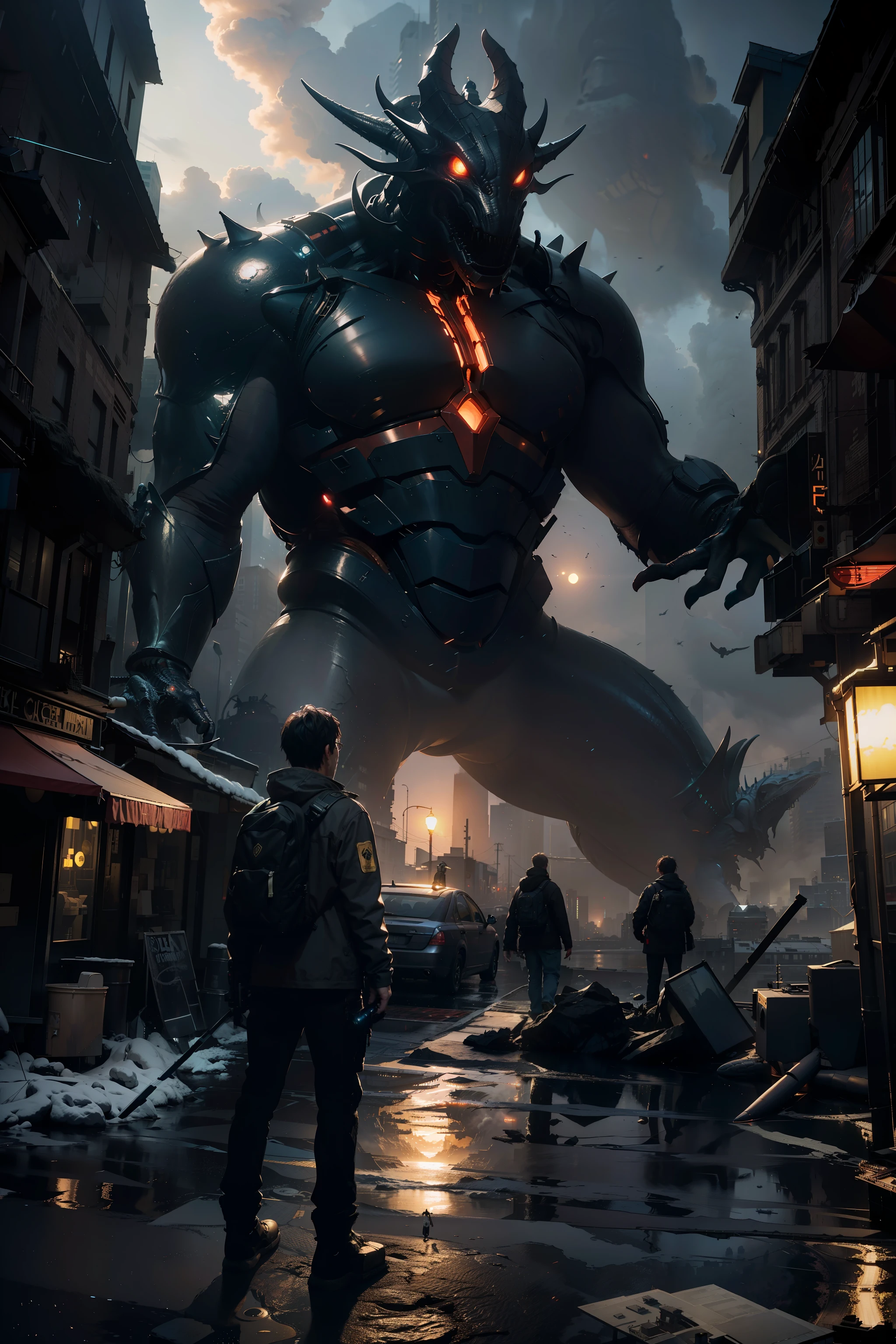 A very detailed matte painting depicting a giant alien monster in the city, by Makoto Shinkai, by Artgerm, by WLOP, by Greg Rutkowski, volumetric lighting, octane rendering, 4K resolution, ArtStation Trend, Masterpiece