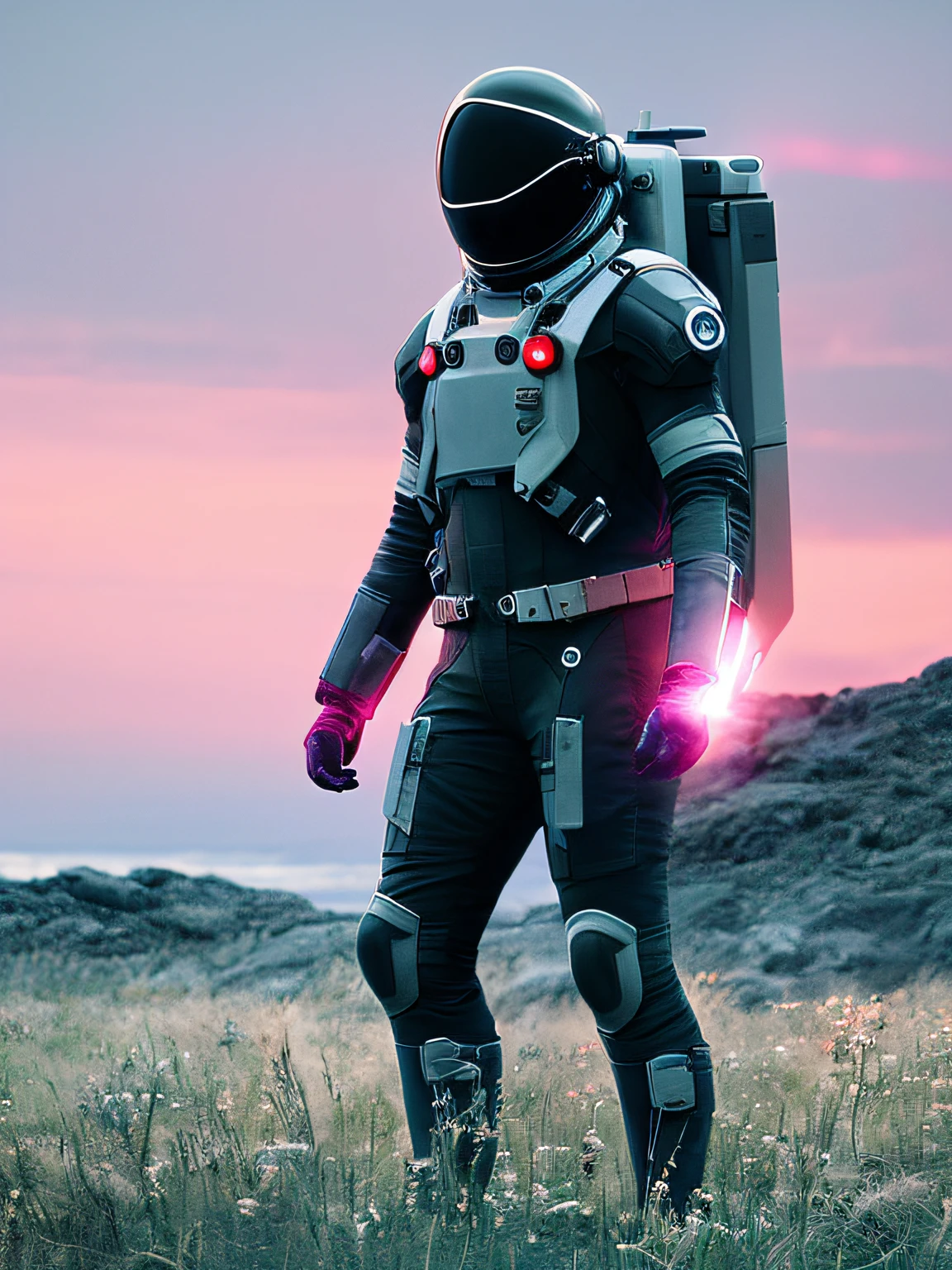 scifi style photo of death Stranding scenery, anatomically correct human male figure in astronaut suit in field facing forward helmet glowing pink, dynamic lighting, hyper detail features, ray tracing, high flare, 3D, cinematic lighting, dark shadows, unrealistic Engine 5 rendering, hyper detail,trending on artstation, 4k,extremely high details, ultra hd, hdr, 8k, extremely high details