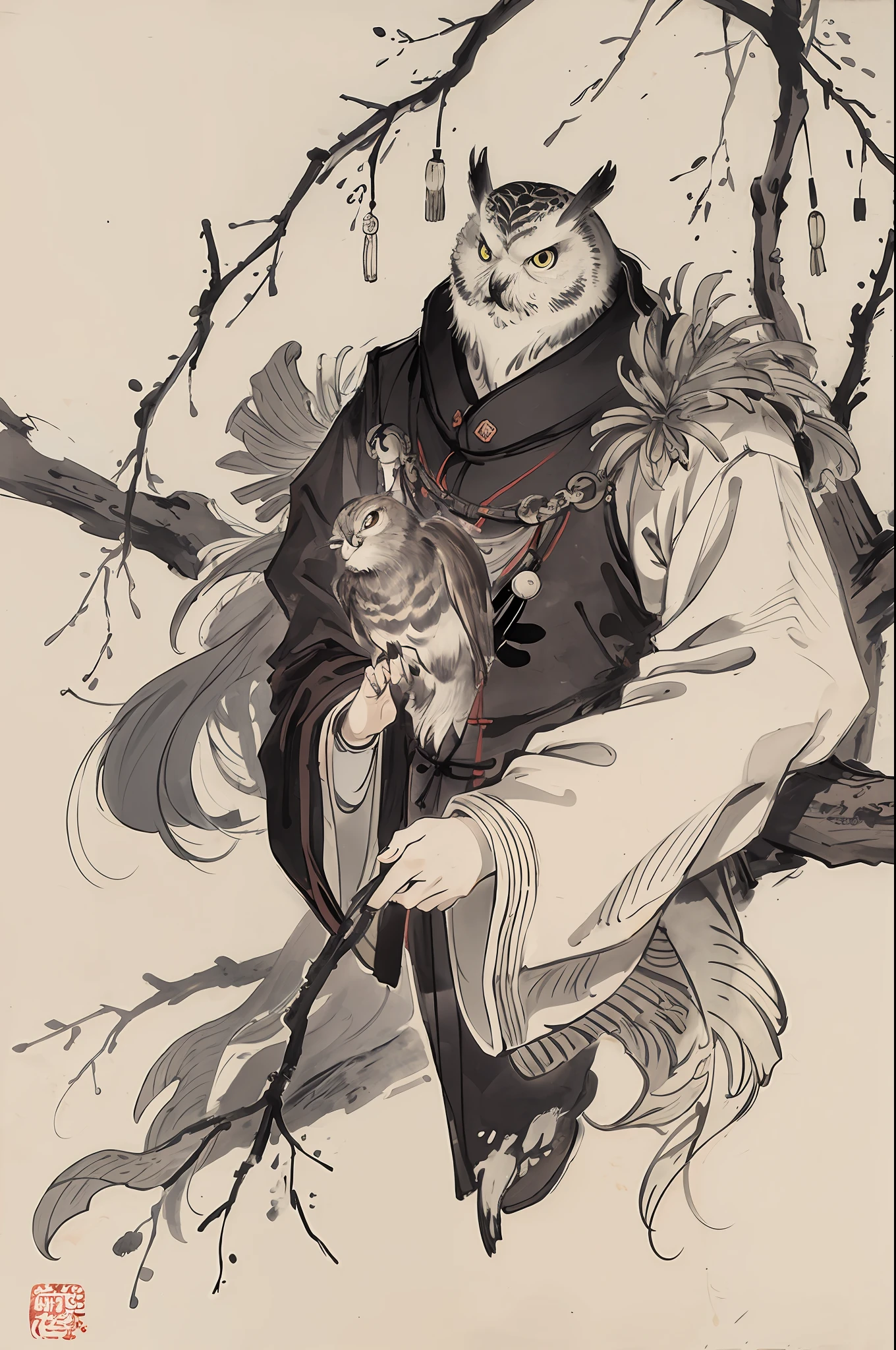 (masterpiece, best quality: 1.2), traditional Chinese ink painting, Owl