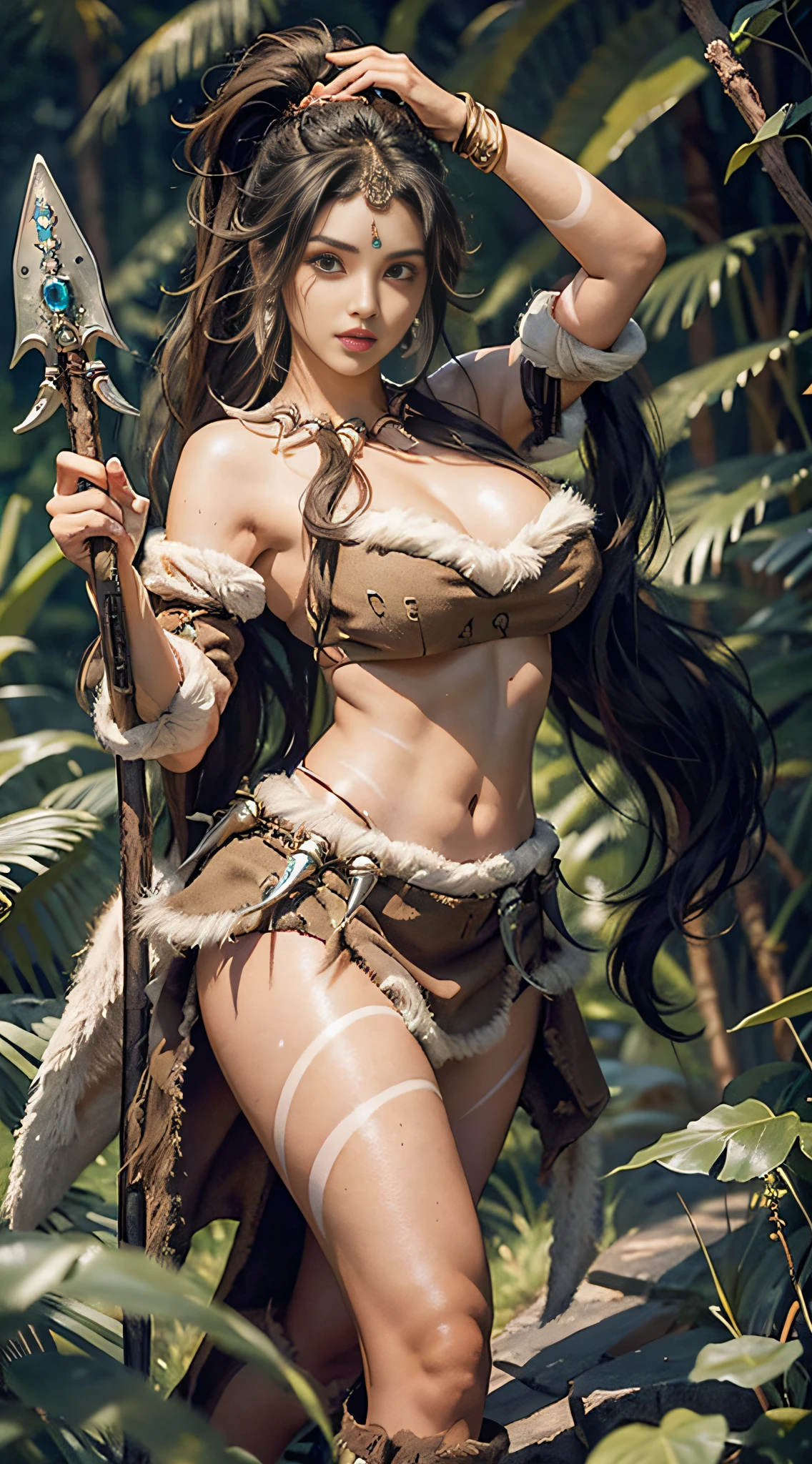 Masterpiece, best quality, intricate details, dynamic pose, full body shot, night, creeping, nidali, league of legends, heavy costume, absurd, gaurez, cowboy shooting, 1 girl, body markers, brunette hair, spear, face markings, nails, chunky long fur trim, gemstones, vibrant eyes, jewelry, long hair, necklace, short skirt ponytail, solo, giant tooth necklace, flowing hair, headband nidali, --s2