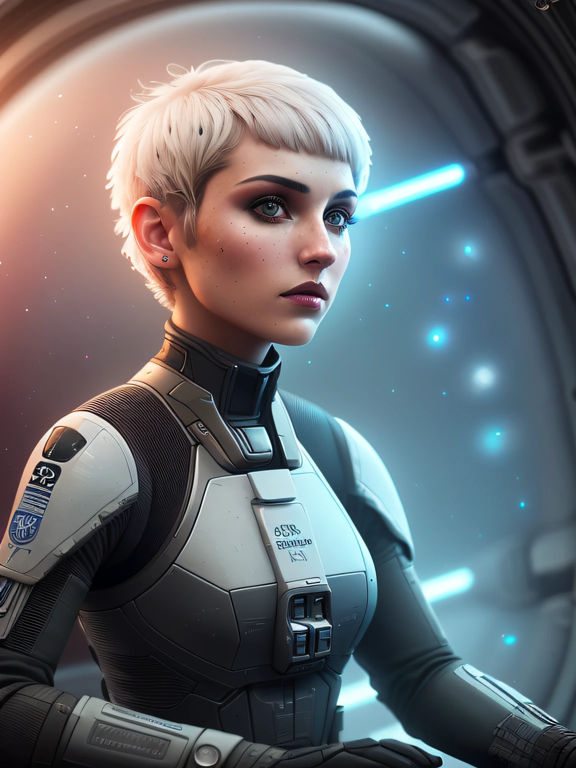 High detail RAW color art, animation, realistic photo, (((wearing black nano suite))), (((beautiful face))), white skin, Hi-Tech space battle, (((fright))), (((cute woman in the cockpit of a space fighter in galactic battle))), magical atmosphere, ((((wery short hair)))), (detailed skin, skin texture), (intricately detailed, fine details, hyperdetailed), raytracing, subsurface scattering, diffused soft lighting, shallow depth of field, by (Oliver Wetter), photographed on a Canon EOS R5, 28mm lens, F/2.8,