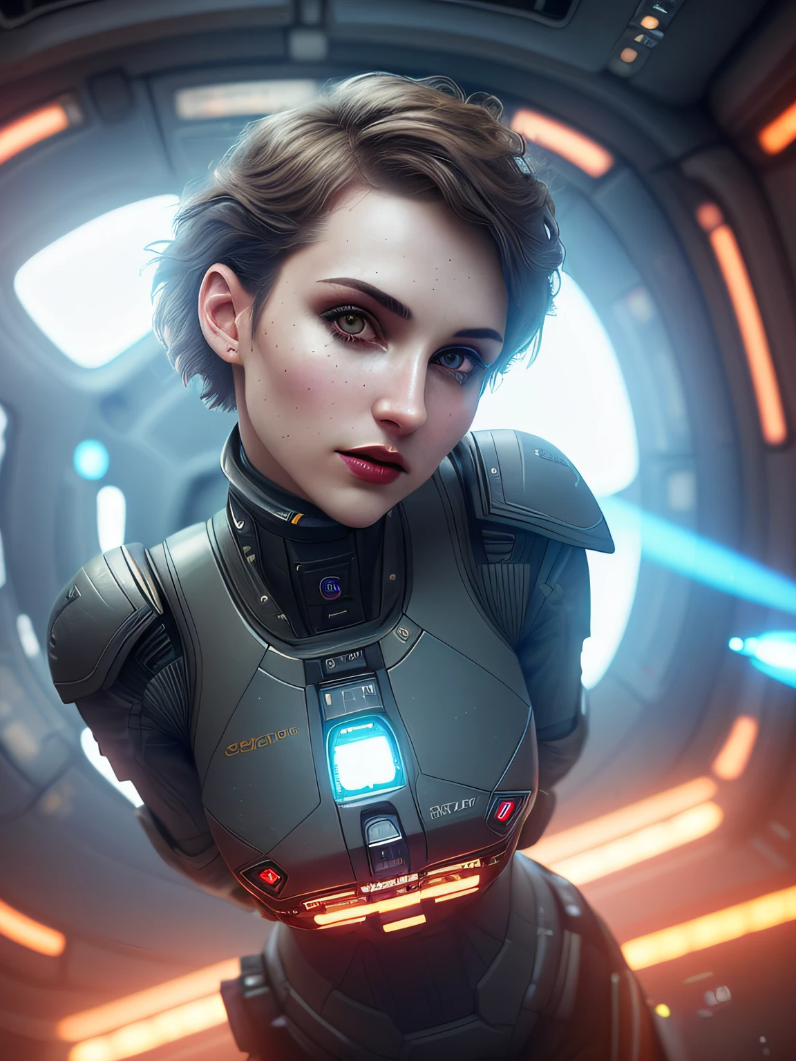 High detail RAW color art, animation, realistic photo, (((wearing black nano suite))), (((beautiful face))), white skin, Hi-Tech space battle, (((fright))), (((cute woman in the cockpit of a space fighter in galactic battle))), magical atmosphere, ((((wery short hair)))), (detailed skin, skin texture), (intricately detailed, fine details, hyperdetailed), raytracing, subsurface scattering, diffused soft lighting, shallow depth of field, by (Oliver Wetter), photographed on a Canon EOS R5, 28mm lens, F/2.8,