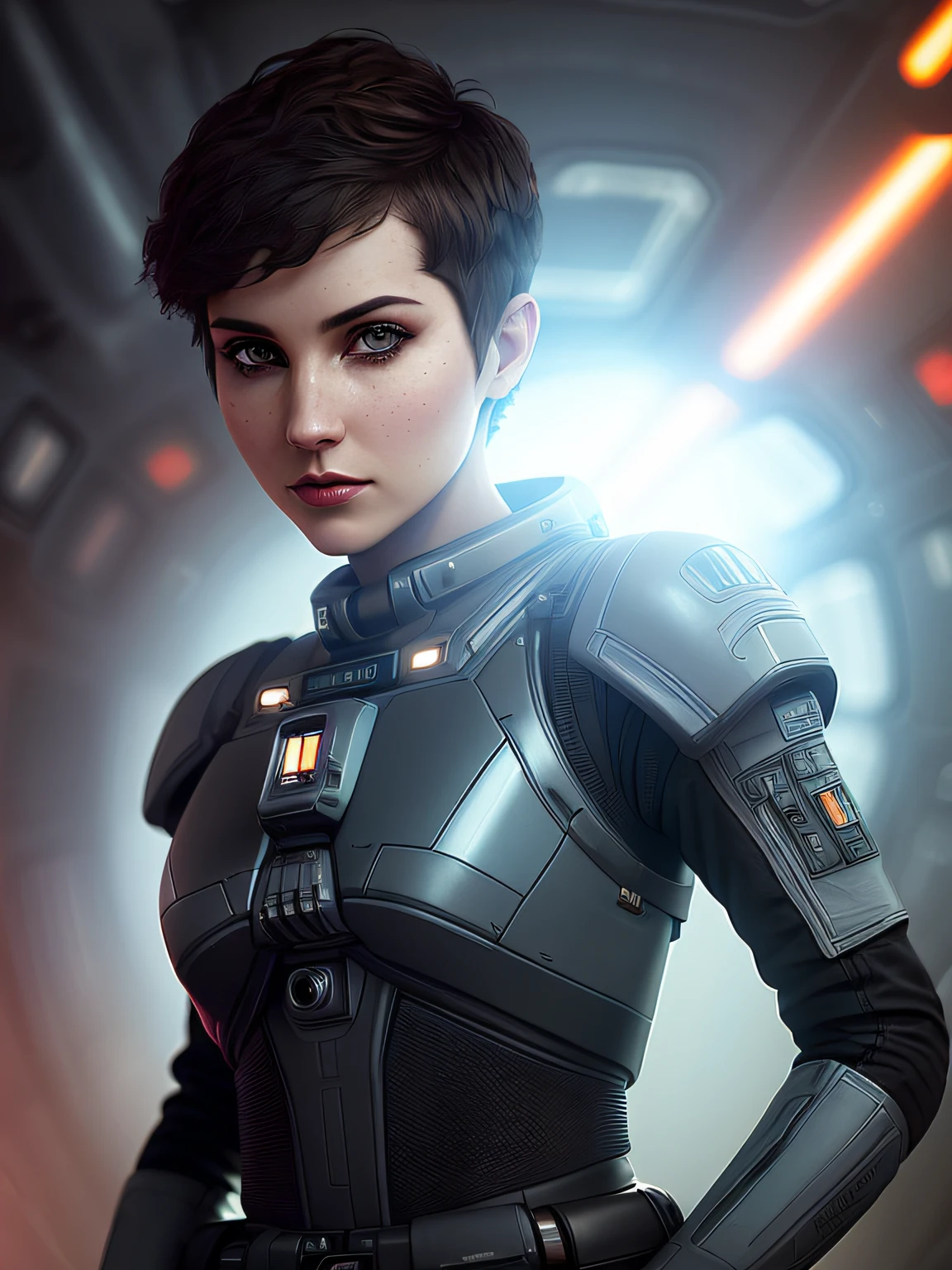 High detail RAW color art, animation, realistic photo, (((wearing black ???? suite))), (((beautiful face))), white skin, Hi-Tech space battle, (((fright))), (((cute woman in the cockpit of a space fighter in galactic battle))), magical atmosphere, ((((wery short hair)))), (detailed skin, skin texture), (intricately detailed, fine details, hyperdetailed), raytracing, subsurface scattering, diffused soft lighting, shallow depth of field, by (Oliver Wetter), photographed on a Canon EOS R5, 28mm lens, F/2.8,