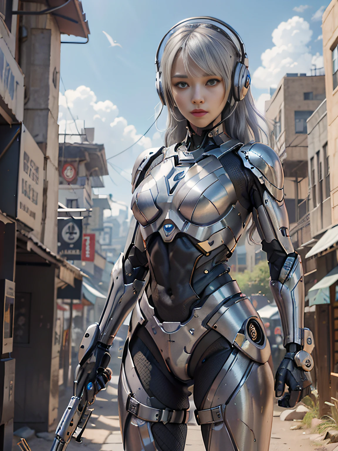 Girl in futuristic suit holding weapon, in front of the city of gunsmoke, the street of gunsmoke, the battlefield, real woman, real face, cute girl, perfect cyborg girl wearing sci-fi headphones, beautiful woman , beautiful girl cyborg, silver hair, manipulator, CG, 4K,