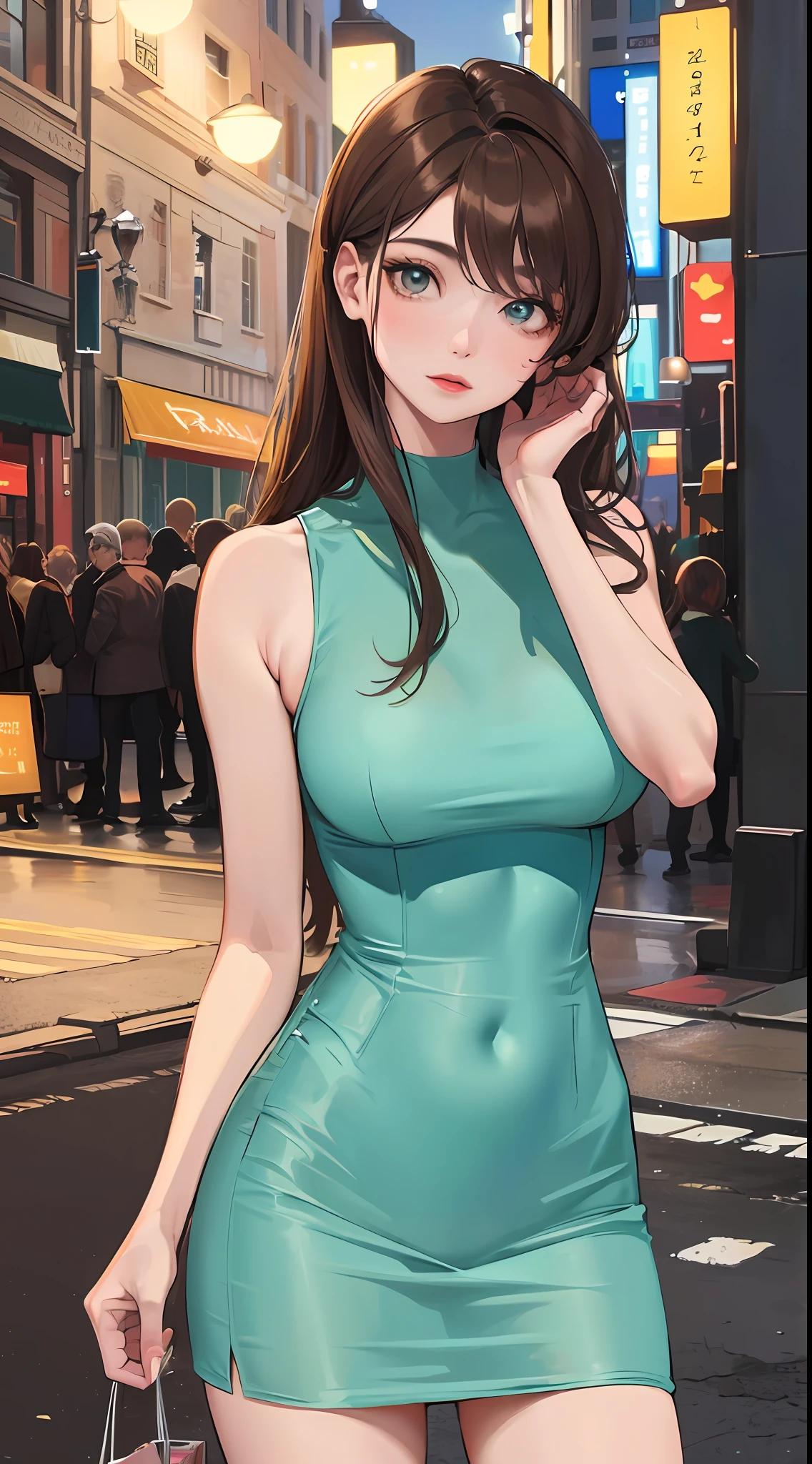 ((Realistic lighting, Best quality, 8K, Masterpiece: 1.3)), Clear focus: 1.2, 1girl, Perfect Body Beauty: 1.4, Slim Abs: 1.1, ((Dark Brown Hair, Big Breasts: 1.3)), (Aqua Dress: 1.4), (Outdoor, Night: 1.1), City Street, Super Fine Face, Fine Eyes, Double Eyelids
