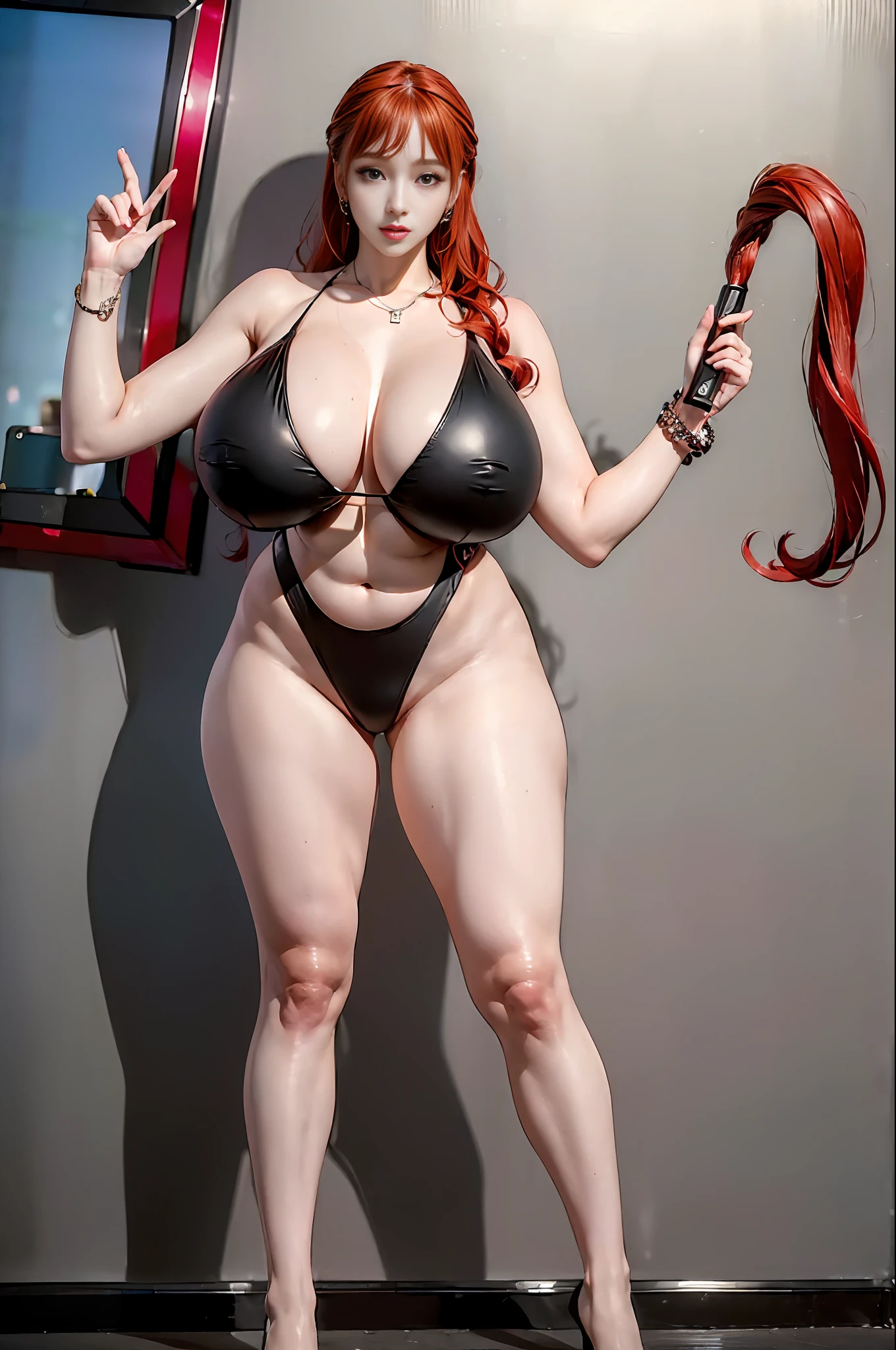((best quality, 8k, Masterpiece :1.3)), A beautiful woman with perfect figure :1.4, Slender abs :1.2, (((long wavy hair)),red hair, ((gigantic breasts :1.2)), ((K-pop idol:1.3))),masterpiece, best quality,black swimsuit, standing, looking at the audience,1girl,solo, full body,no NSFW, dynamic pose, perfect body
