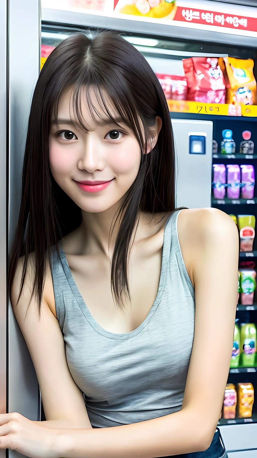 realistic photos of (1 cute Korean star) hime cut, thin makeup, medium breasts size, slightly smile, wearing tank top, at vending machine, clear facial features of Canon EOS, 8K high resolution, sharp and realistic details.