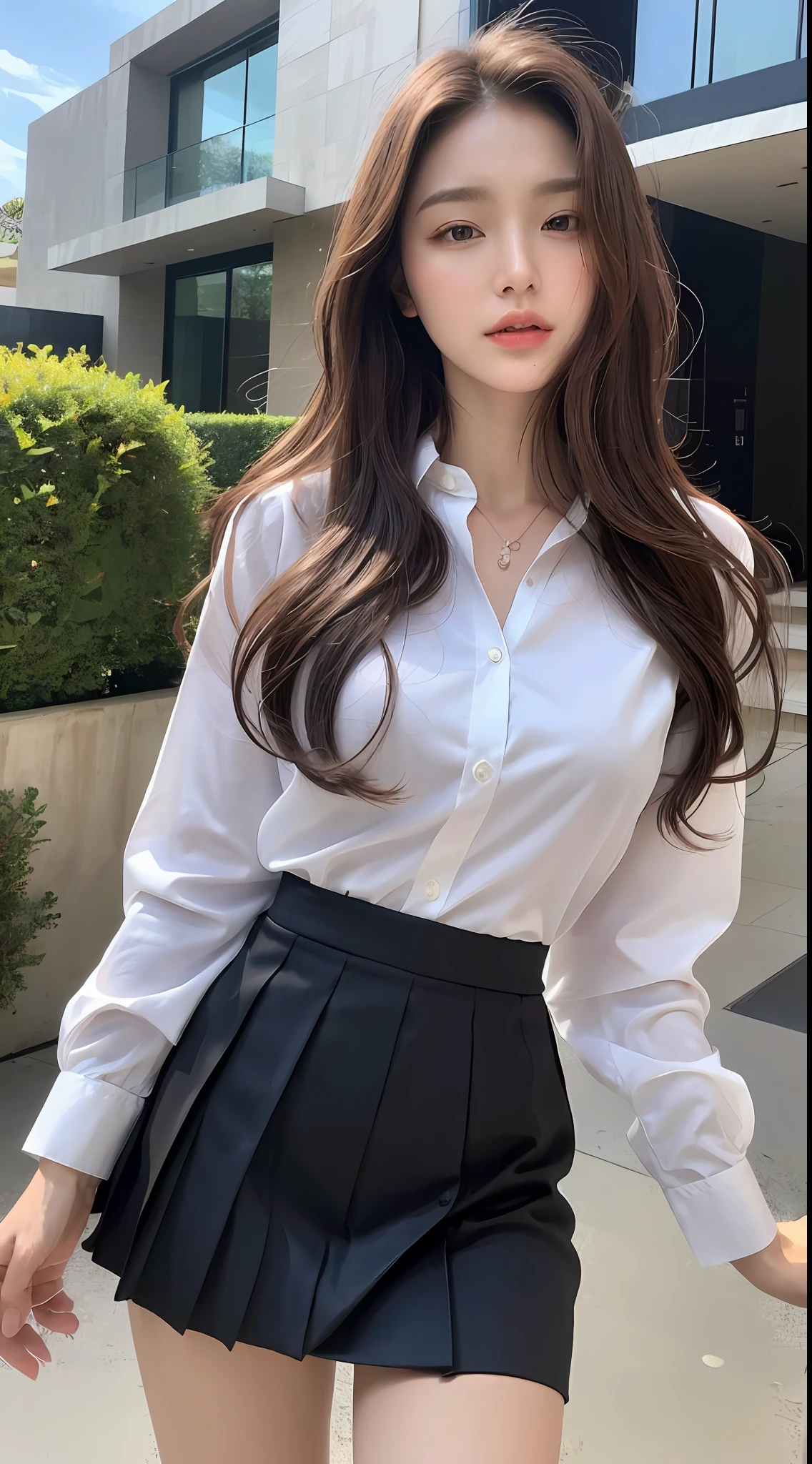 (top quality, high resolution, masterpiece: 1.3), tall and pretty woman, slender abs, dark brown hair styled with loose waves, breasts, white button-up satin shirt, black pleated skirt, (modern architecture in background), exquisitely rendered details on face and skin texture, detailed eyes, double eyelids