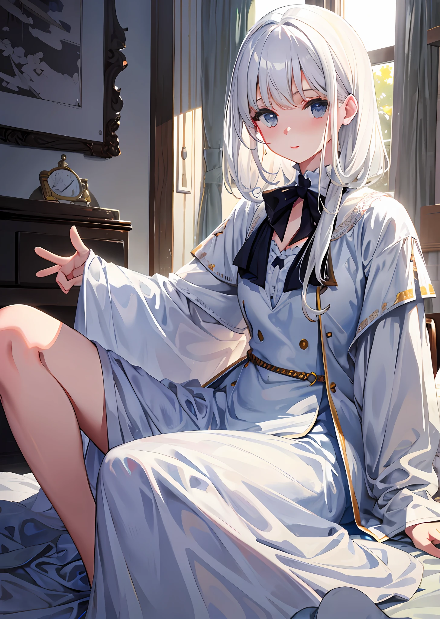 White hair, white silk, girly, cleavage, sitting, bedroom real person