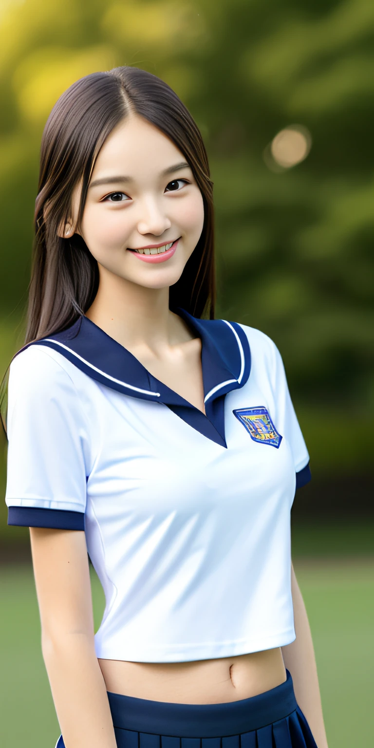 neat college girl, petite, (school uniform, summer clothes, short sleeves), outside the athletic field, (slim), photorealistic, detail, skin texture, ultra detail, delicate sexy collarbone, smile, super detailed face, detailed lips, detailed eyes, breast enhancement, waist thin