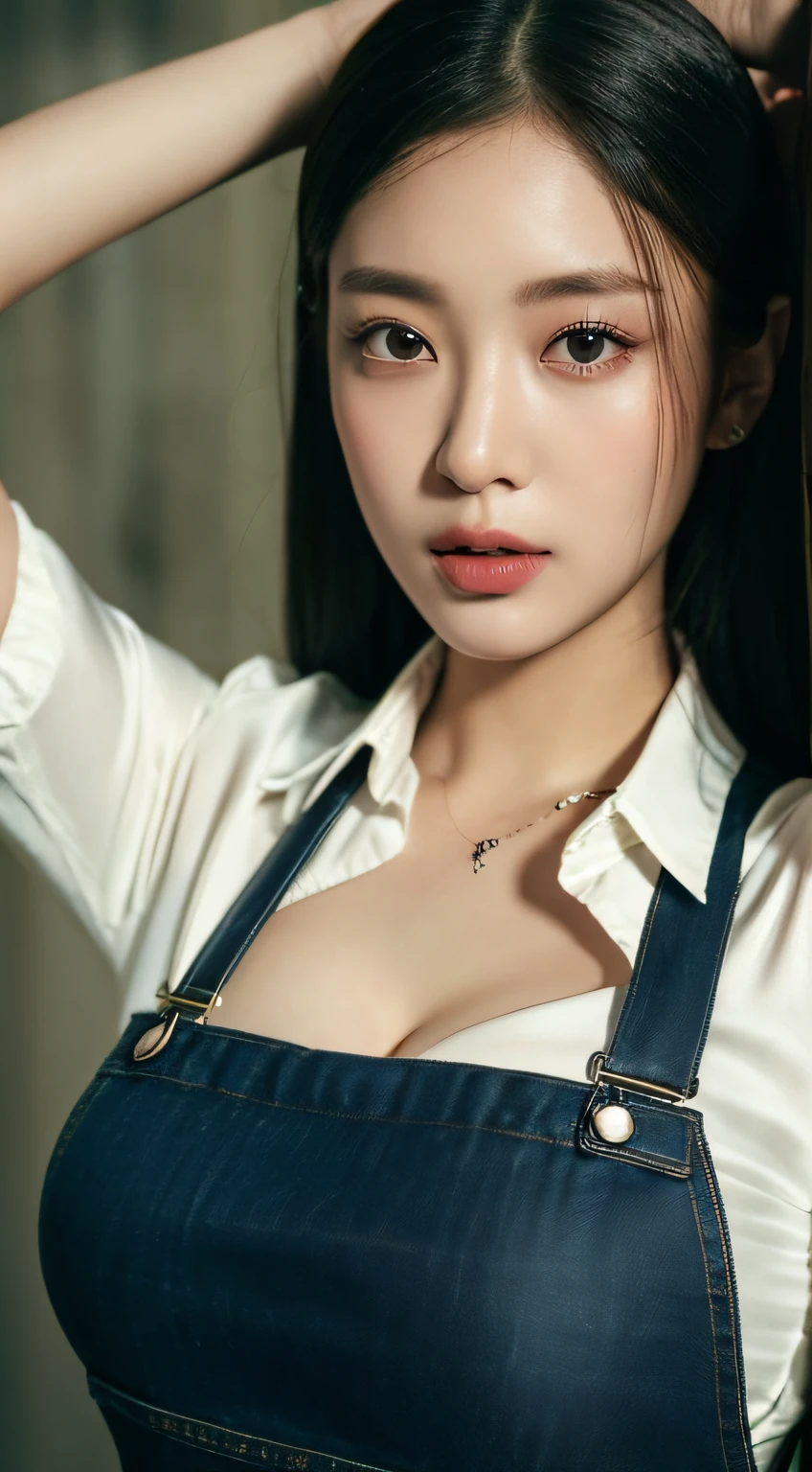 (Best quality, 8K, masterpiece:1.3)) , (Person: 1.4), 1girl, A Korean woman, A goddess, 25 years old, costume photography, downward view view, portrait photography, Canon DSLR, focus aperture F1.2, focal length 24mm, (upper body: 1.2), (face close-up), (chest close-up), pose to shoot cleavage, (collared silk shirt), overalls, long black hair, double detailed skin details, detailed fabric texture