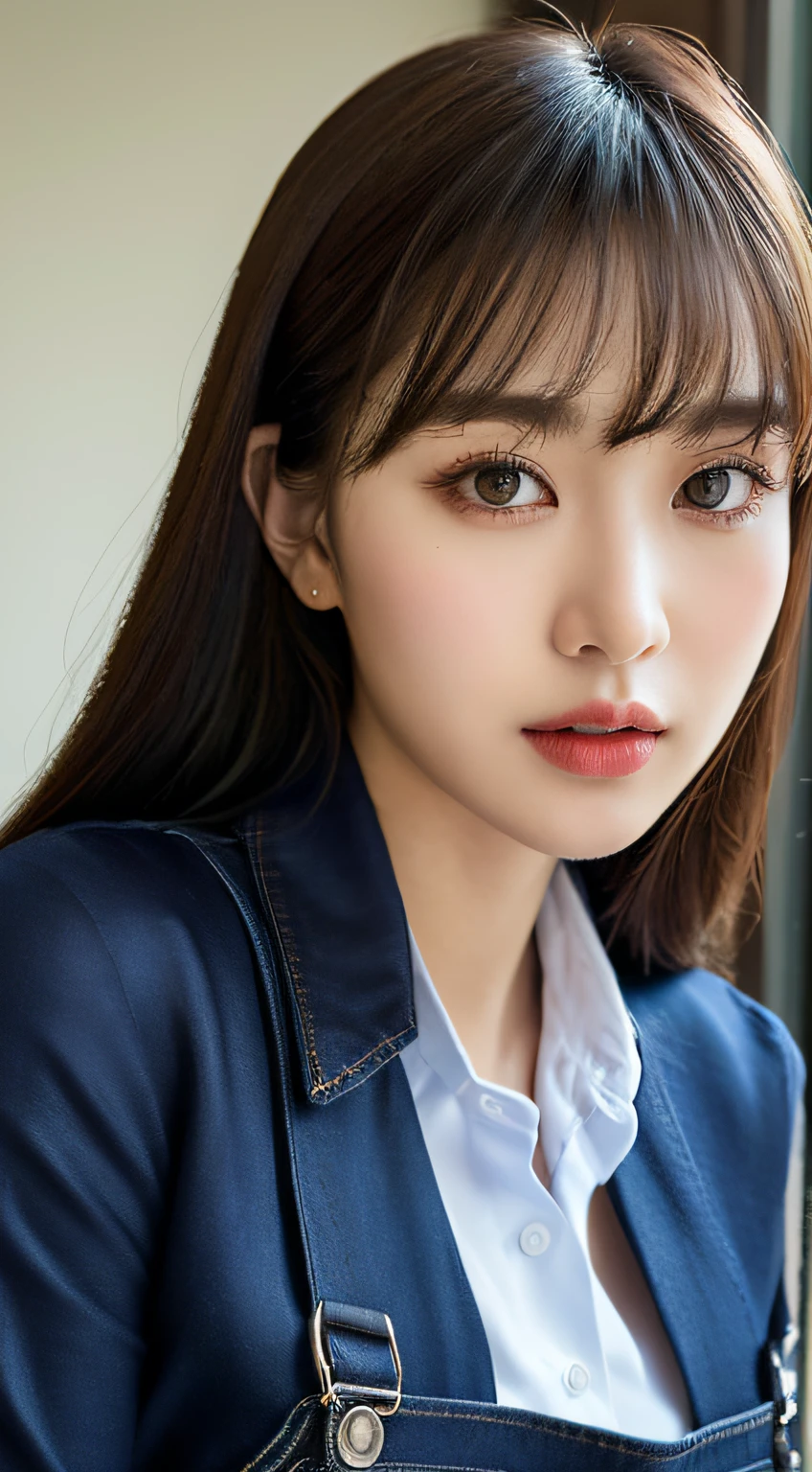 (Best quality, 8K, masterpiece:1.3)) , (Person: 1.4), 1girl, A Korean woman, A goddess, 25 years old, costume photography, downward view view, portrait photography, Canon DSLR, focus aperture F1.2, focal length 24mm, (upper body: 1.2), (face close-up), (chest close-up), pose to shoot cleavage, (collared silk shirt), overalls, long black hair, double detailed skin details, detailed fabric texture