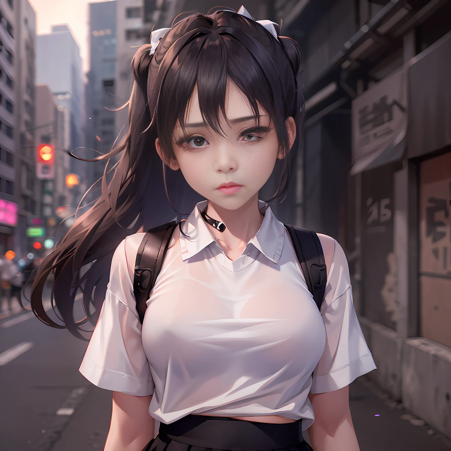 A girl, very beautiful, temperamental, white shirt on the upper body, black skirt on the lower body, noisy street with a background, 4K ultra-clear,