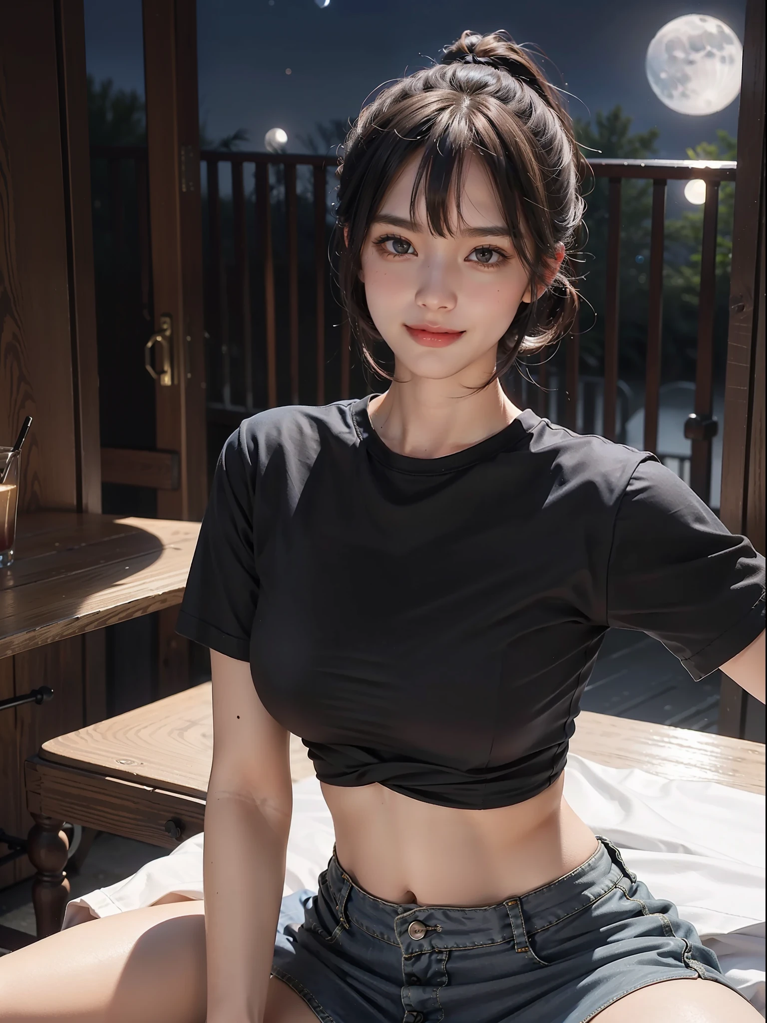 (Female: 1.2), (Big Tits: 1.2), (Bangs Tied), (Low-cut T-shirt), (Miniskirt), (Night Moonlight), Wild, Smile, Seduction, Full Body, Masterpiece, Realism