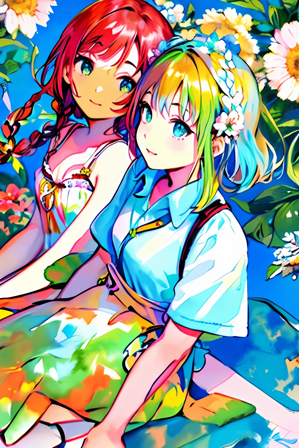amazing (illustration:1.3), 2.5D, (flat colors), highest quality, anime line-art, vivid pastel colors, colorful, detailed, watercolor, brush strokes,
colorized, red:1.1 + green:0.8 + blue:1.1 + yellow:1.3 + white limited color palette,
(close-up) of 20yo (2girls:1.1), medium breasts, hippy, flowers in hair, (long swirling braided-hair), (short white summer dress), bra straps, (mature face),
seated, facing away from camera,
in (San Francisco market), crowds, people,