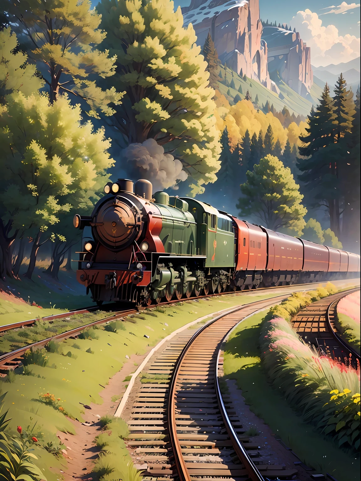 Masterpiece, best quality, (very detailed CG unified wallpaper 8k) (best quality), (best illustration), (best shade) nature ,train , blurred,red super meticulous, field,railway --auto --s2